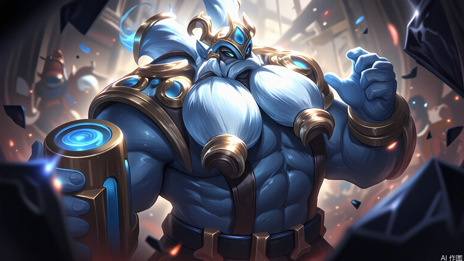 YXLM, Digital art of a muscular, humanoid character with a large, fluffy white beard and hair, wearing a blue and gold armor. The character has a stern expression and is holding a glowing blue shield with one hand. The background is a chaotic, battle-scarred environment with debris and broken structures. The style is reminiscent of high-fantasy video game art, with a focus on dynamic lighting and dramatic shading.