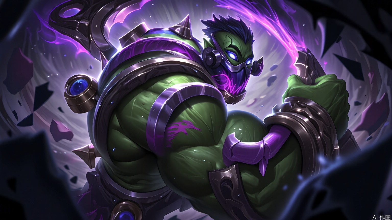YXLM, A dynamic, action-packed digital illustration of a muscular, green-skinned orc warrior with black hair, wielding a large, double-bladed axe. The orc is in the midst of a battle, with a fierce expression and glowing blue eyes. He wears a purple, glowing mask and a spiked shoulder guard. The background is dark and chaotic, with debris flying through the air and a menacing, purple energy trail emanating from the axe. The art style is reminiscent of comic book illustrations, with bold lines and vibrant colors. The image has a sense of movement and intensity.