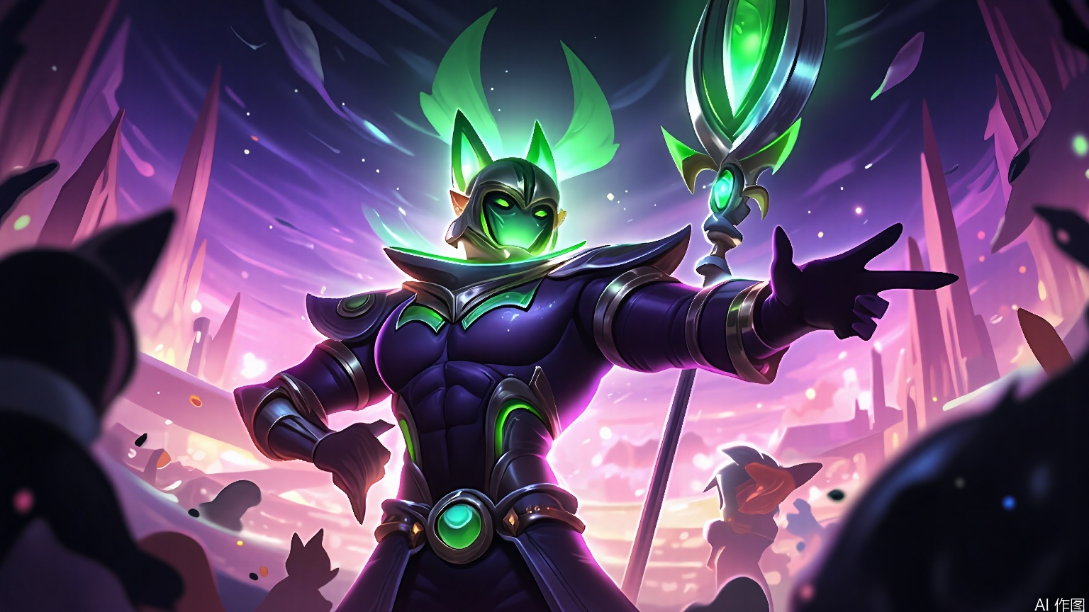YXLM, Digital art, fantasy, sci-fi, dynamic composition, vibrant colors, glowing elements, high contrast, neon green and purple, futuristic setting, robot-like character with cat ears and a helmet, pointing with one hand, holding a glowing staff in the other, intricate armor with glowing green accents, intricate details, floating platforms, floating creatures, dynamic lighting, energy beams, floating debris, energetic atmosphere, otherworldly landscape, sci-fi architecture, neon lights, high-tech environment, sense of motion, glowing green eyes, floating structures, intricate design, sci-fi aesthetic, neon glow, glowing elements, high-tech, glowing green staff, glowing green accents, glowing green eyes, glowing green background, glowing green energy beams