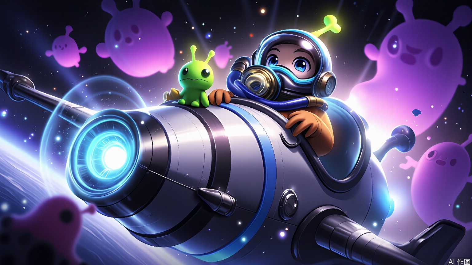 YXLM, A vibrant digital illustration of a futuristic space scene. A person wearing a sleek, silver spacesuit with a visor and a breathing apparatus sits in the cockpit of a high-tech spaceship. The ship is sleek and metallic, with a large, glowing blue engine at the front. A small, green alien with large eyes and antennae perches on the cockpit's edge. The background features a starry space with a large, purple, ghostly figure and smaller, floating, purple creatures. The style is reminiscent of a sci-fi video game, with dynamic lighting and a sense of action.