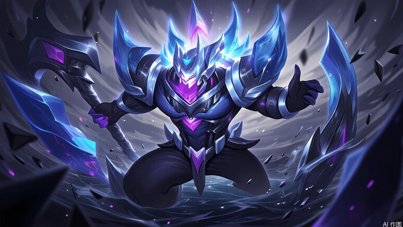 YXLM, A digital painting of a futuristic, armored warrior with a blue and purple color scheme, wielding large, crystalline weapons. The character is in a dynamic action pose, with a determined expression and glowing, gem-like elements on their armor. The background is a stormy, turbulent sky with dark clouds and debris. The art style is detailed and vibrant, with a sci-fi aesthetic.