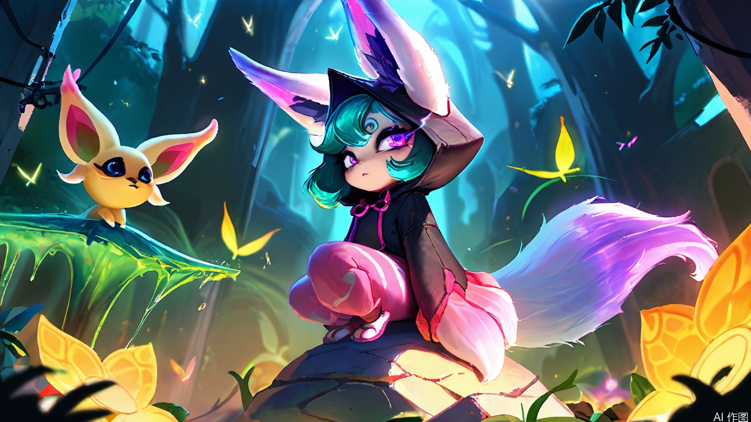 YXLM, A digital painting of a young girl with teal hair and cat ears, wearing a dark hooded cloak with pink accents, standing in a mystical, glowing forest with vibrant purples and blues. She has a serious expression and is surrounded by floating, ghostly cats with glowing eyes. The background features ethereal, otherworldly plants and a faintly visible, ancient structure. The art style is detailed and fantasy-oriented.