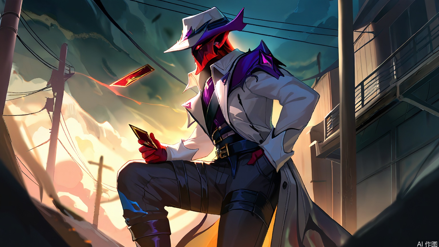 YXLM, A digital illustration of a tall, mysterious figure in a long, dark trench coat with a wide-brimmed hat, standing confidently in a dark, stormy night scene. The figure has glowing red eyes and is holding a red card in one hand, with purple, magical energy swirling around them. The background features a dark, cloudy sky with a bright, orange light illuminating the left side, and power lines and poles in the distance. The style is dark fantasy with a gothic aesthetic.
