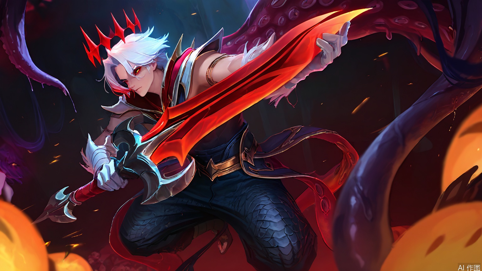 YXLM, A dynamic, action-packed digital painting featuring a muscular warrior with white hair and a fiery red crown, wielding a large, glowing sword. The warrior's armor is intricately designed with a metallic texture, and they are surrounded by dark, ethereal tentacles. The background is a swirling mix of fiery oranges and reds, creating a sense of intense battle. The style is reminiscent of fantasy art with a focus on dramatic lighting and vivid colors.