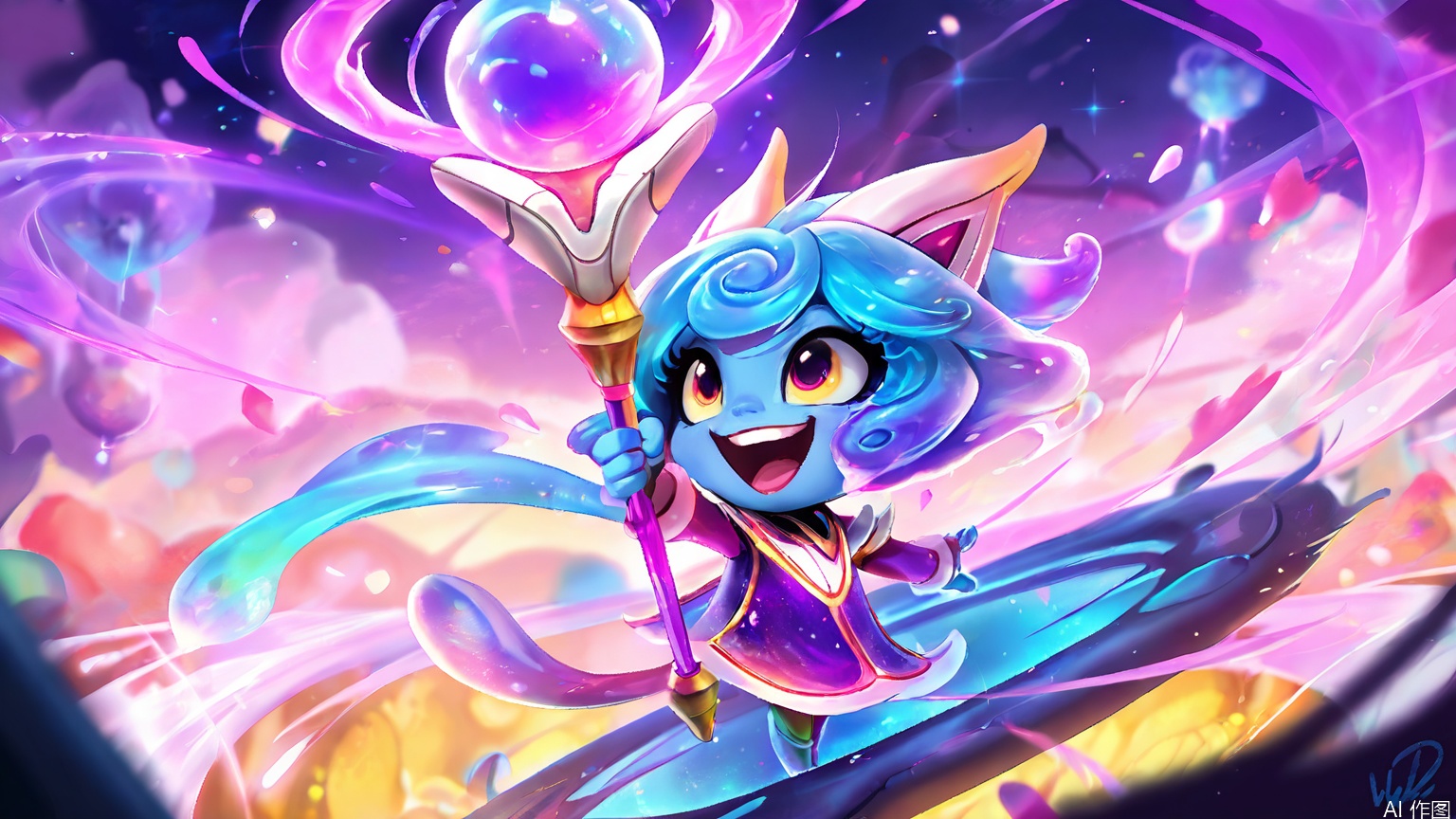 YXLM, Digital art, vibrant colors, fantasy scene, blue-skinned character with long blue hair, wearing a purple and gold robe, holding a glowing staff, surrounded by swirling purple energy, surrounded by small green creatures with big eyes, floating in the air, dynamic pose, expressive face, magical aura, glowing effects, detailed background, whimsical atmosphere, playful energy, artist signature in the bottom right corner, high quality, fantasy, adventure, magical girl, bright, colorful, imaginative, animated style