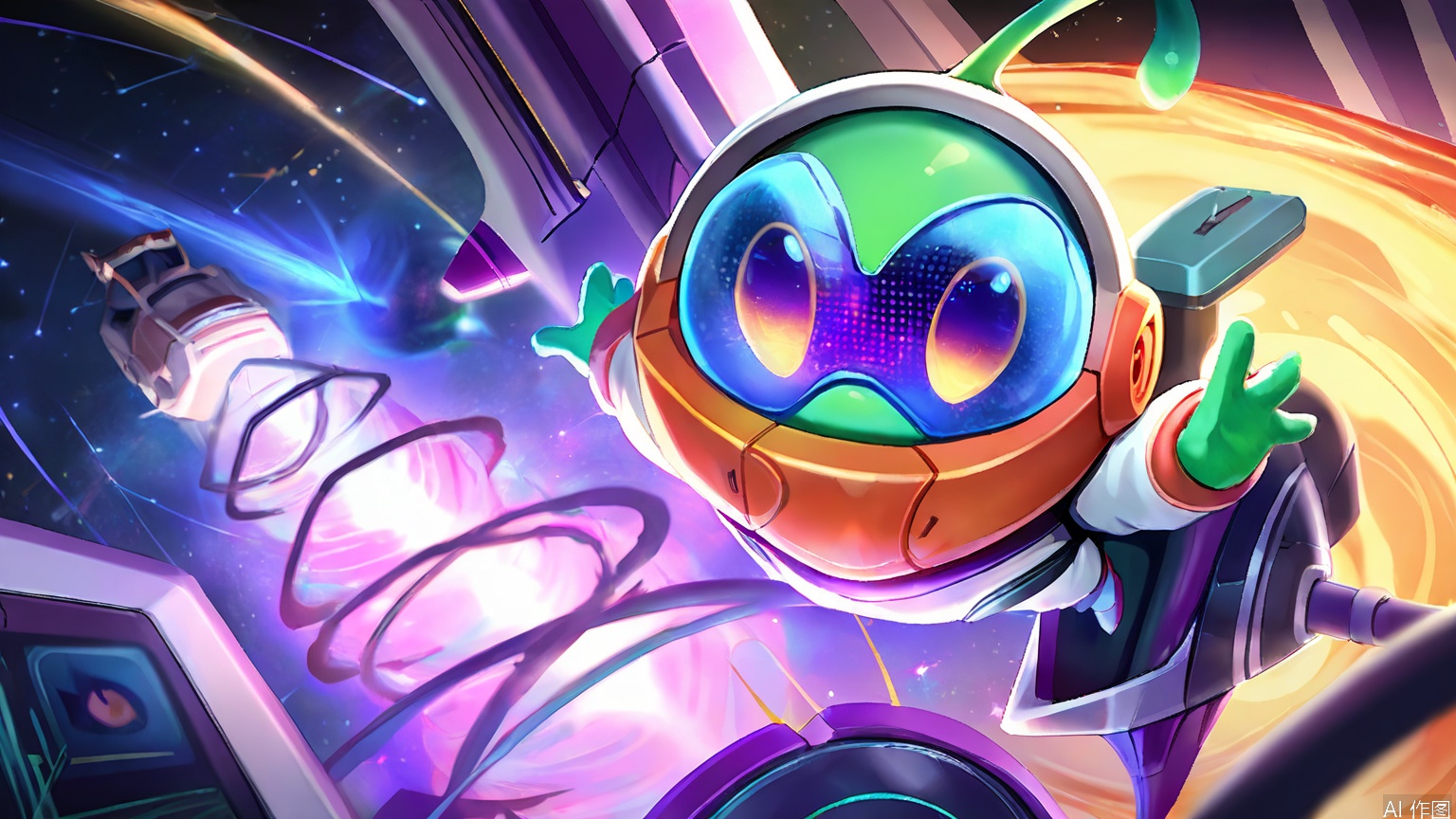 YXLM, A vibrant digital illustration of a futuristic space scene. A person wearing a sleek, silver spacesuit with a visor and a breathing apparatus sits in the cockpit of a high-tech spaceship. The ship is sleek and metallic, with a large, glowing blue engine at the front. A small, green alien with large eyes and antennae perches on the cockpit's edge. The background features a starry space with a large, purple, ghostly figure and smaller, floating, purple creatures. The style is reminiscent of a sci-fi video game, with dynamic lighting and a sense of action.