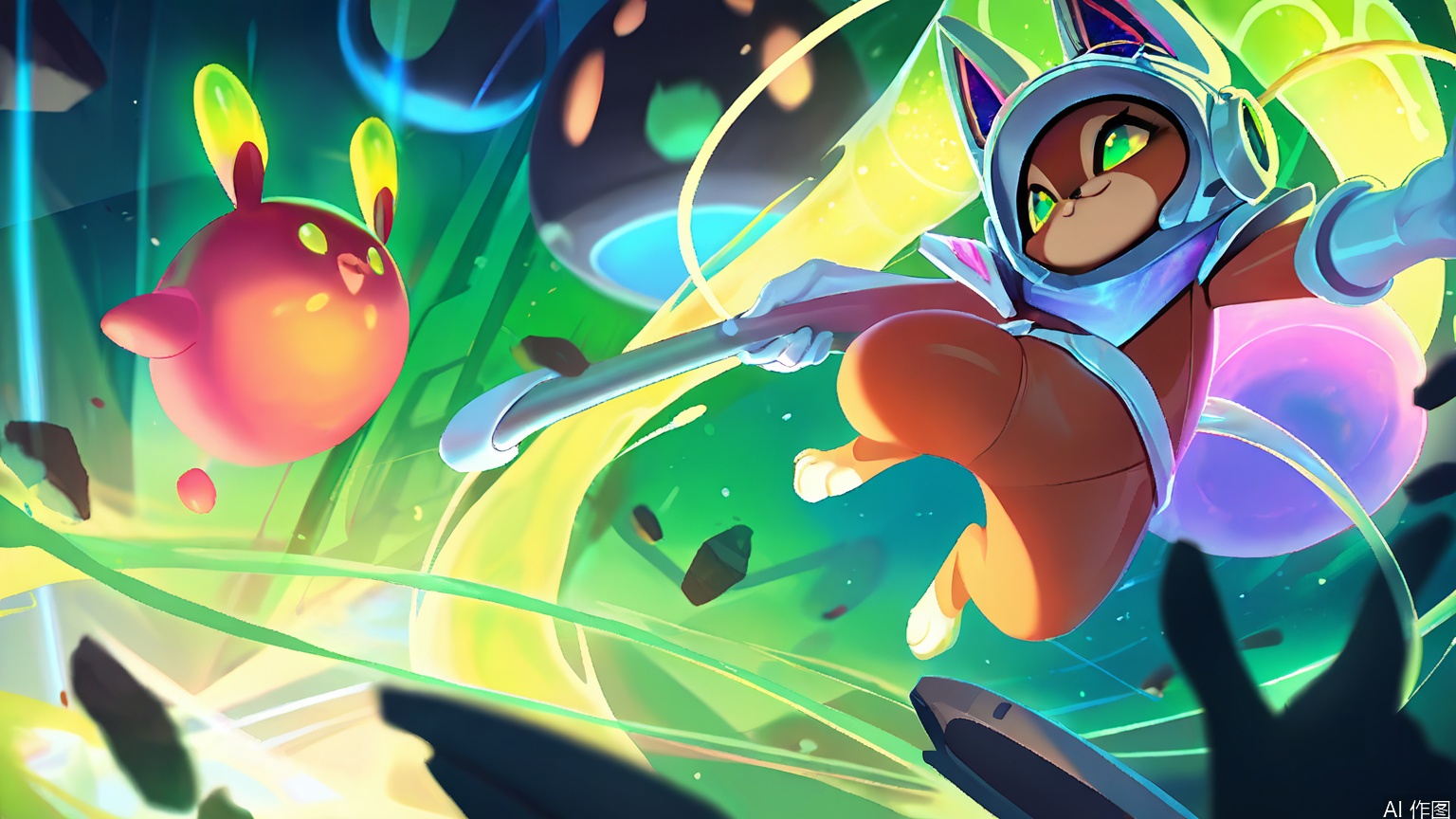 YXLM, Digital art, fantasy, sci-fi, dynamic composition, vibrant colors, glowing elements, high contrast, neon green and purple, futuristic setting, robot-like character with cat ears and a helmet, pointing with one hand, holding a glowing staff in the other, intricate armor with glowing green accents, intricate details, floating platforms, floating creatures, dynamic lighting, energy beams, floating debris, energetic atmosphere, otherworldly landscape, sci-fi architecture, neon lights, high-tech environment, sense of motion, glowing green eyes, floating structures, intricate design, sci-fi aesthetic, neon glow, glowing elements, high-tech, glowing green staff, glowing green accents, glowing green eyes, glowing green background, glowing green energy beams
