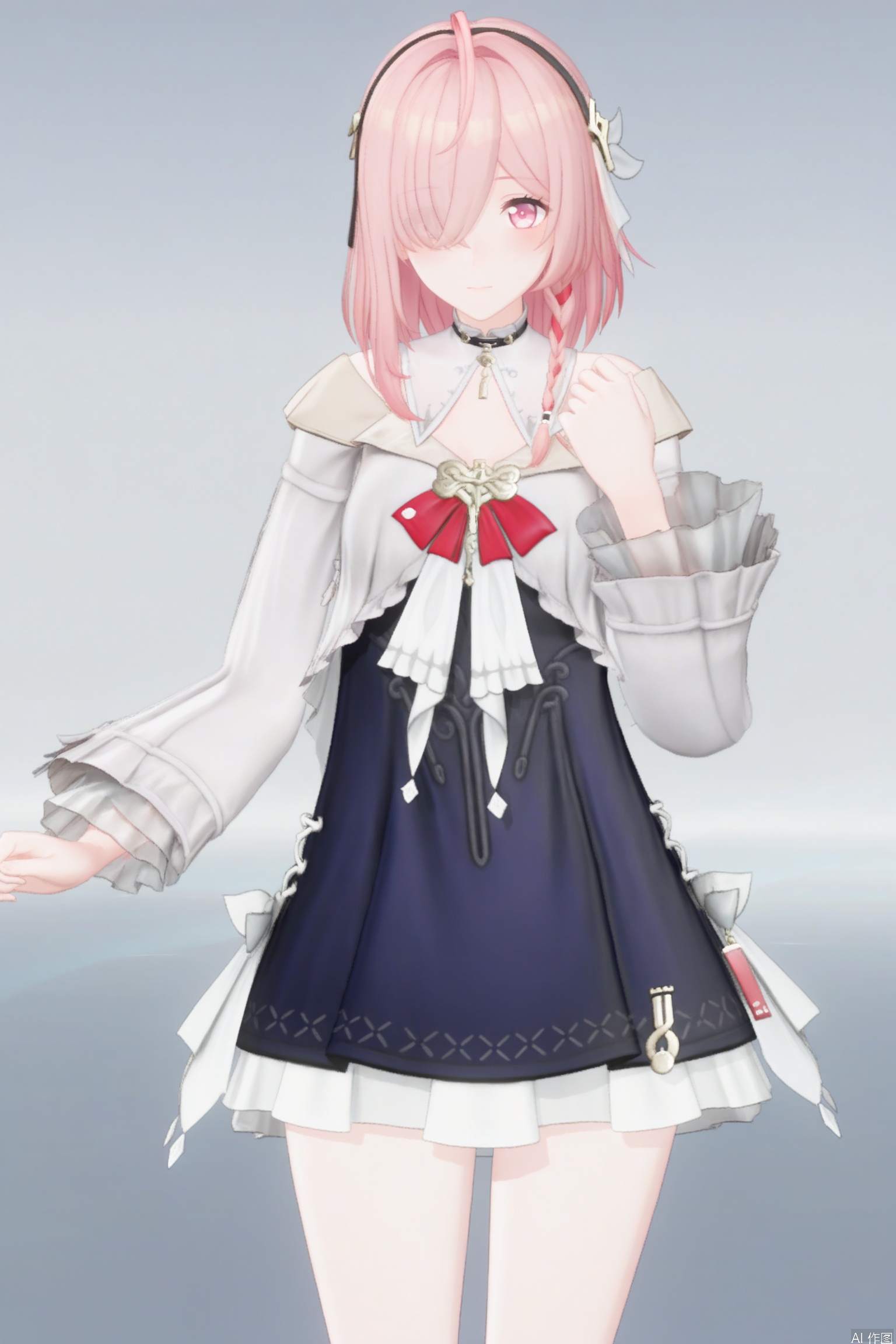  1girl, solo, bangs, skirt, shirt, hair ornament, long sleeves, dress, bow, ribbon, bare shoulders, pink hair, braid, ahoge, hairband,medium hair, pink eyes, hair over one eye, red bow, gradient, single braid, side braid,3d,anime