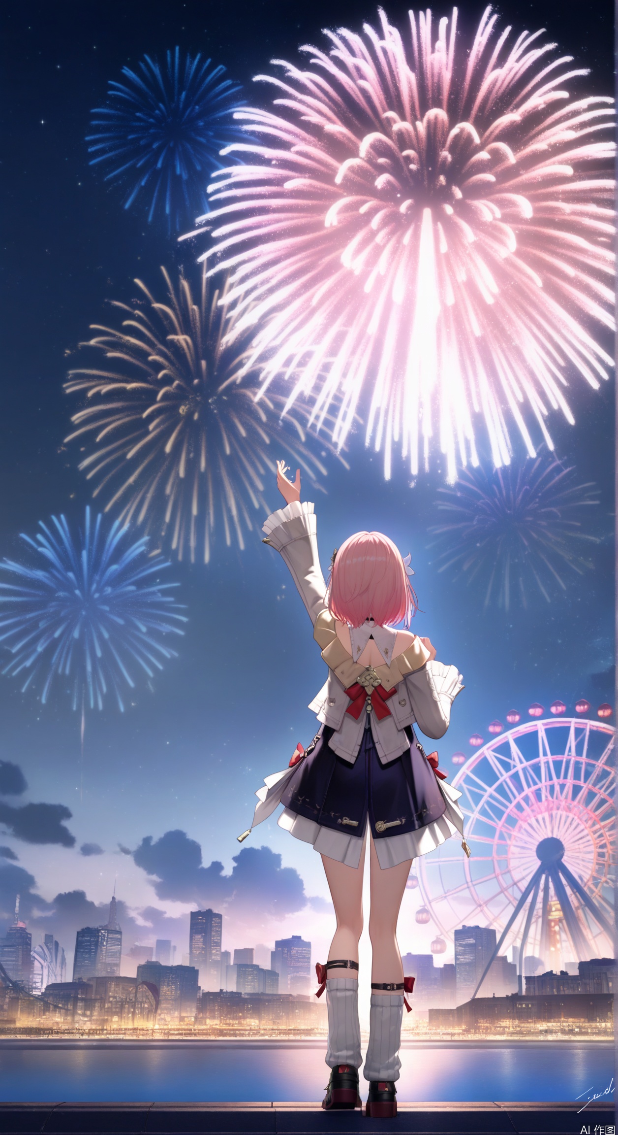 3d,anime,colorful,sky, cloud, signature, from behind, arm up, night, building, star \(sky\), night sky, scenery, starry sky, city, silhouette, cityscape, dark, fireworks,ferris wheel,
1girl, solo, short hair, skirt, shirt, hair ornament, long sleeves, dress, bow, bare shoulders, standing, jacket, full body, white shirt, pink hair, shoes, socks, hand up, grey background, from behind, black footwear, red bow, white socks, facing away