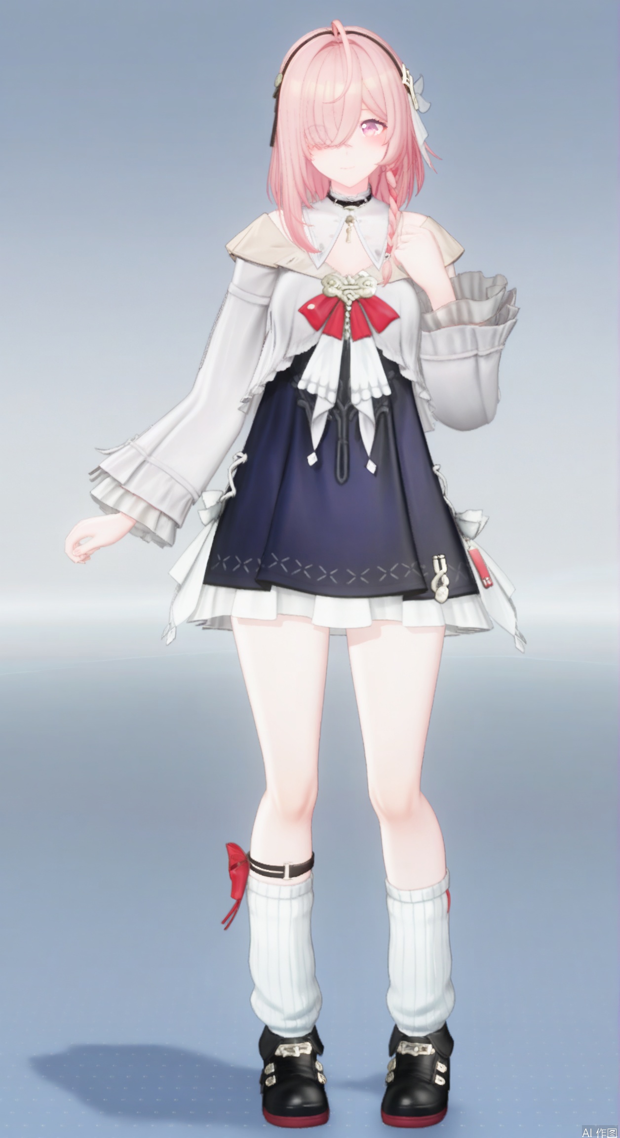 1girl, solo, bangs, skirt, shirt, hair ornament, long sleeves, dress, bow, ribbon, bare shoulders, pink hair, braid, ahoge, hairband,medium hair, pink eyes, hair over one eye, red bow, gradient, single braid, white socks, side braid, frills, shoes, socks, black footwear, 3d,anime