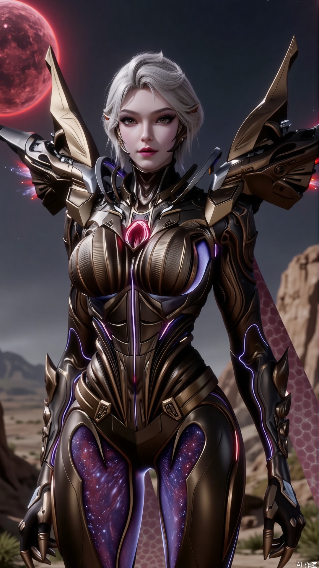 A platinum blonde woman with short hair stands on the surface of a desolate planet, her hair slightly swaying in the stardust wind, exuding a wild and powerful beauty. She wears a black-themed sci-fi mech suit, its surface covered with red energy circuits, flickering dangerously with her movements.

Her mech's arms are equipped with high-frequency particle blades, its shoulders feature mini missile launchers, and its back carries a massive plasma sniper rifle, adorned with intricate interstellar runes, exuding a cold yet mysterious atmosphere. The armor on her belly depicts a ring of flames, symbolizing her fighting spirit.

Her eyes are as fiery as burning stars, sharp and cold, revealing a ruthless hunter's demeanor. Her lips curl slightly downward, revealing a dangerous smile, as if waiting for her prey.

The background is a desolate planet surface, with distant craters and shattered mountains, and two massive red stars hanging in the sky, exuding intense light. Her mech glimmers coldly under the starlight, as if a hunter from the depths of the universe, ready to strike at any moment.