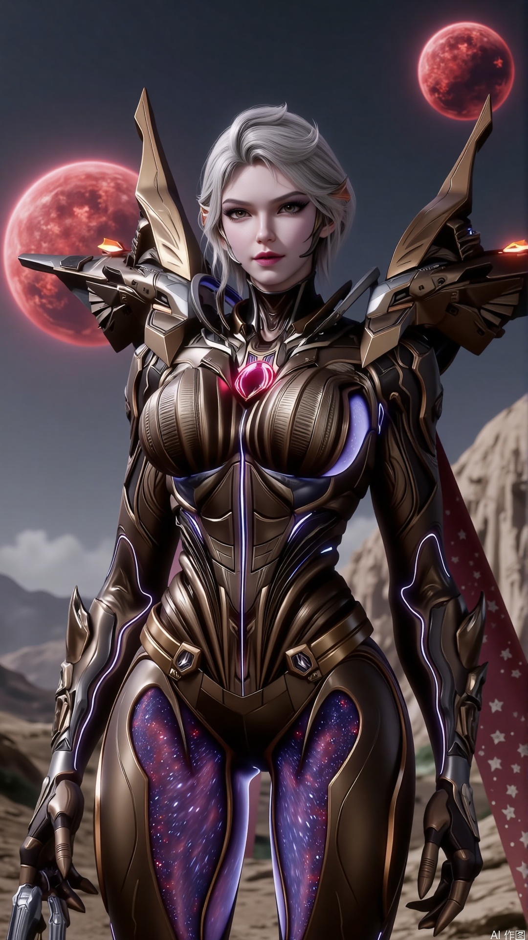 A platinum blonde woman with short hair stands on the surface of a desolate planet, her hair slightly swaying in the stardust wind, exuding a wild and powerful beauty. She wears a black-themed sci-fi mech suit, its surface covered with red energy circuits, flickering dangerously with her movements.

Her mech's arms are equipped with high-frequency particle blades, its shoulders feature mini missile launchers, and its back carries a massive plasma sniper rifle, adorned with intricate interstellar runes, exuding a cold yet mysterious atmosphere. The armor on her belly depicts a ring of flames, symbolizing her fighting spirit.

Her eyes are as fiery as burning stars, sharp and cold, revealing a ruthless hunter's demeanor. Her lips curl slightly downward, revealing a dangerous smile, as if waiting for her prey.

The background is a desolate planet surface, with distant craters and shattered mountains, and two massive red stars hanging in the sky, exuding intense light. Her mech glimmers coldly under the starlight, as if a hunter from the depths of the universe, ready to strike at any moment.