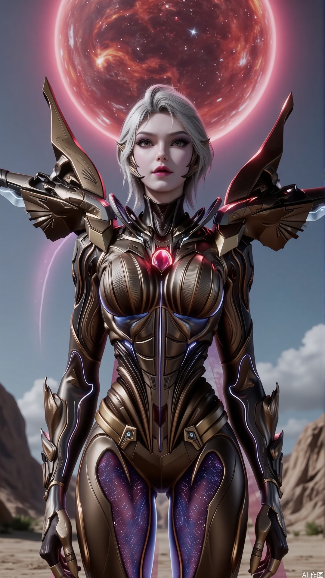 A platinum blonde woman with short hair stands on the surface of a desolate planet, her hair slightly swaying in the stardust wind, exuding a wild and powerful beauty. She wears a black-themed sci-fi mech suit, its surface covered with red energy circuits, flickering dangerously with her movements.

Her mech's arms are equipped with high-frequency particle blades, its shoulders feature mini missile launchers, and its back carries a massive plasma sniper rifle, adorned with intricate interstellar runes, exuding a cold yet mysterious atmosphere. The armor on her belly depicts a ring of flames, symbolizing her fighting spirit.

Her eyes are as fiery as burning stars, sharp and cold, revealing a ruthless hunter's demeanor. Her lips curl slightly downward, revealing a dangerous smile, as if waiting for her prey.

The background is a desolate planet surface, with distant craters and shattered mountains, and two massive red stars hanging in the sky, exuding intense light. Her mech glimmers coldly under the starlight, as if a hunter from the depths of the universe, ready to strike at any moment.