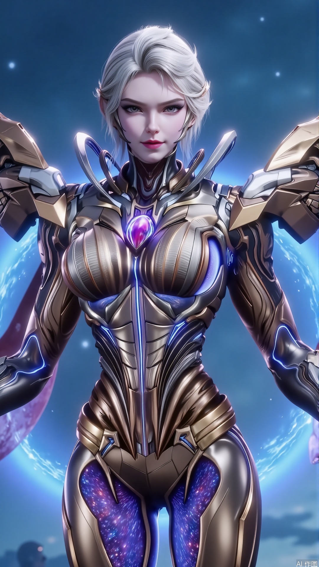 A beautiful warrior with platinum blonde hair, its strands shimmering in the starlight like a galaxy, exuding an elegant yet powerful beauty. Her hair flows freely in the wind, adding to her grace.

She wears a highly advanced sci-fi mech suit, its futuristic design crafted from silvery white metal with blue energy circuits embedded in its surface, glowing faintly with her movements. The mech's design is sleek and powerful, with streamlined thrusters on its shoulders and back, and high-strength alloy armor on its arms and legs, showcasing both strength and defense.

Her slightly rounded belly is adorned with intricate energy circuits on the mech's armor, their nebula-like patterns flowing smoothly, exuding a technological allure. The circuits flicker faintly with her breath, creating a secretive yet captivating sensation.

Her legs are long and fair, the mech's leg armor tightly fitted, showcasing both power and elegance. Her eyes are as deep as the stars, her lips curling in a subtle smile, exuding irresistible charm.

A faint energy aura surrounds her, its swirling patterns resembling a nebula, exuding a mysterious yet powerful beauty.

The background is a vast starry sky, with countless stars twinkling and a silver galaxy stretching across the horizon, creating a romantic yet mysterious atmosphere. Distant nebulae glow in vibrant colors, as if narrating the secrets of the universe.

Her mech's thrusters emit blue flames, carving a dazzling trail in the星空, creating a stunning and futuristic visual effect.
