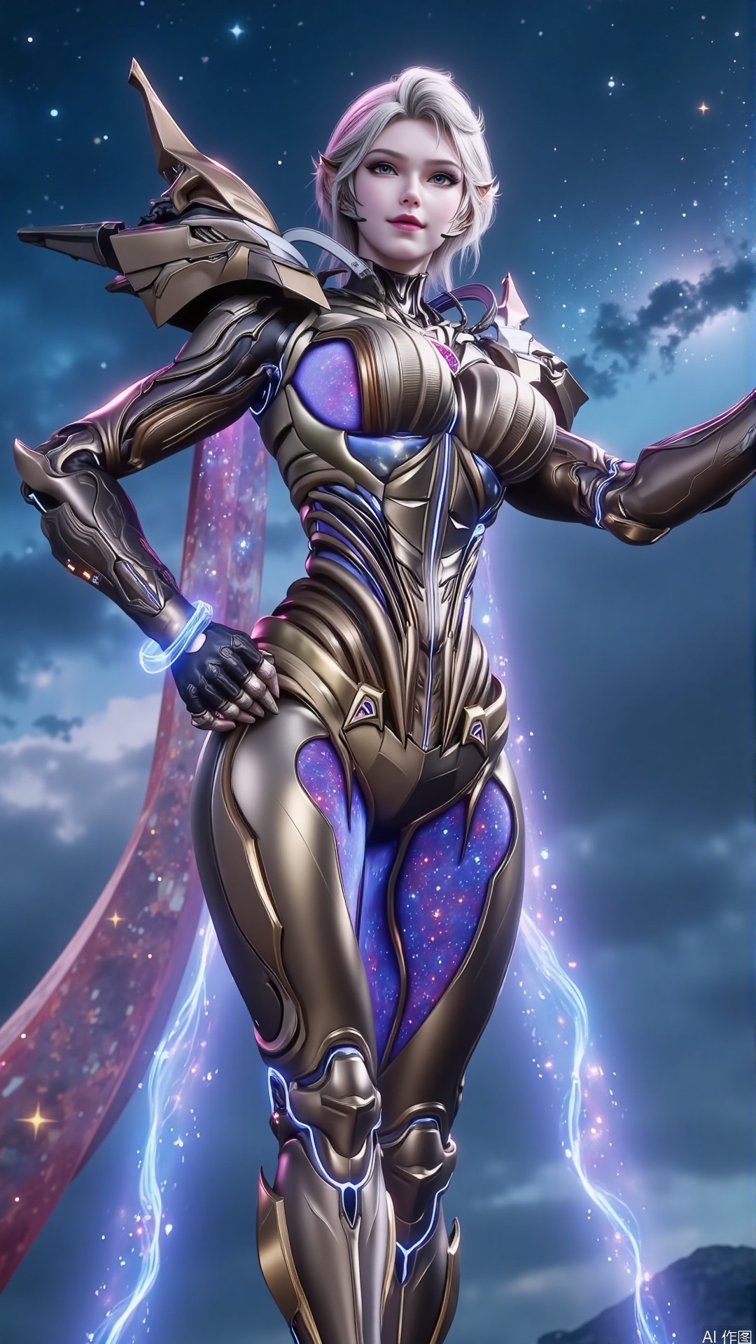 A beautiful warrior with platinum blonde hair, its strands shimmering in the starlight like a galaxy, exuding an elegant yet powerful beauty. Her hair flows freely in the wind, adding to her grace.

She wears a highly advanced sci-fi mech suit, its futuristic design crafted from silvery white metal with blue energy circuits embedded in its surface, glowing faintly with her movements. The mech's design is sleek and powerful, with streamlined thrusters on its shoulders and back, and high-strength alloy armor on its arms and legs, showcasing both strength and defense.

Her slightly rounded belly is adorned with intricate energy circuits on the mech's armor, their nebula-like patterns flowing smoothly, exuding a technological allure. The circuits flicker faintly with her breath, creating a secretive yet captivating sensation.

Her legs are long and fair, the mech's leg armor tightly fitted, showcasing both power and elegance. Her eyes are as deep as the stars, her lips curling in a subtle smile, exuding irresistible charm.

A faint energy aura surrounds her, its swirling patterns resembling a nebula, exuding a mysterious yet powerful beauty.

The background is a vast starry sky, with countless stars twinkling and a silver galaxy stretching across the horizon, creating a romantic yet mysterious atmosphere. Distant nebulae glow in vibrant colors, as if narrating the secrets of the universe.

Her mech's thrusters emit blue flames, carving a dazzling trail in the星空, creating a stunning and futuristic visual effect.