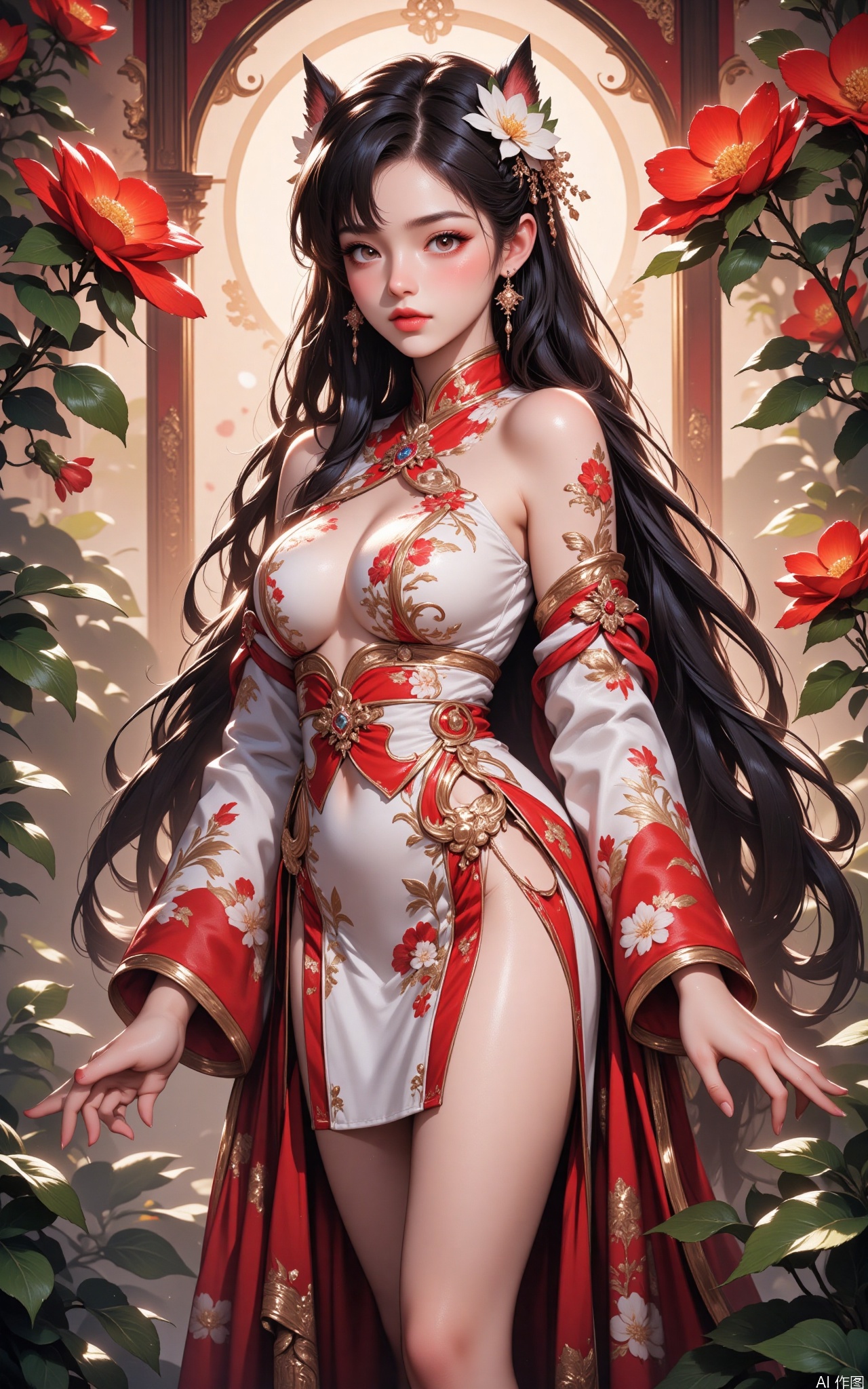 HUBG_Rococo_Style(loanword) of a beautiful girl,
The image depicts a young woman dressed in traditional East Asian attire, specifically a white kimono adorned with red floral patterns. She is standing against a backdrop that features a large archway with a red and cream color scheme. Her hair is long and dark, styled with white flowers and red accents, complementing her traditional outfit. Surrounding her are vibrant red flowers, some fully bloomed and others still budding, adding a natural and serene atmosphere to the scene. The overall composition is harmonious, blending the elegance of the woman with the beauty of the flowers and the traditional clothing.