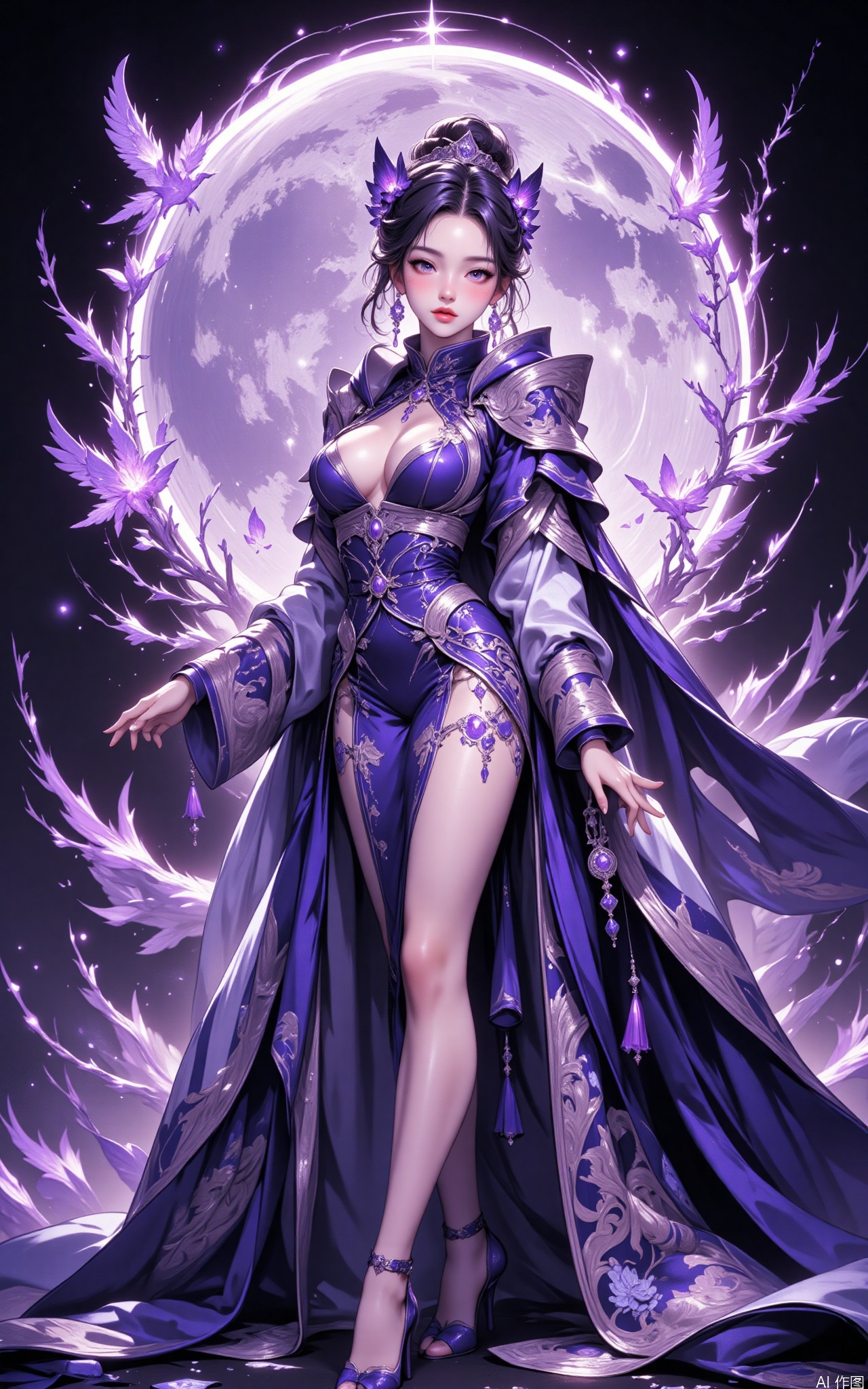 HUBG_Rococo_Style(loanword) of a beautiful girl,The image depicts a beautifully illustrated character dressed in an elaborate, traditional-style outfit. The character is adorned with intricate patterns and floral designs, predominantly in shades of purple and white. The outfit features long flowing sleeves and a long, elegant robe that drapes gracefully. The character's hair is styled in an elegant updo, embellished with flowers and delicate ornaments.

In the background, there is a large, circular, swirling pattern resembling a moon, with delicate branches and blossoms surrounding it. The overall color scheme of the background is dark, with accents of purple and white, creating a mystical and ethereal atmosphere. Additionally, there are stylized birds with wings spread out, adding to the fantasy-like setting.