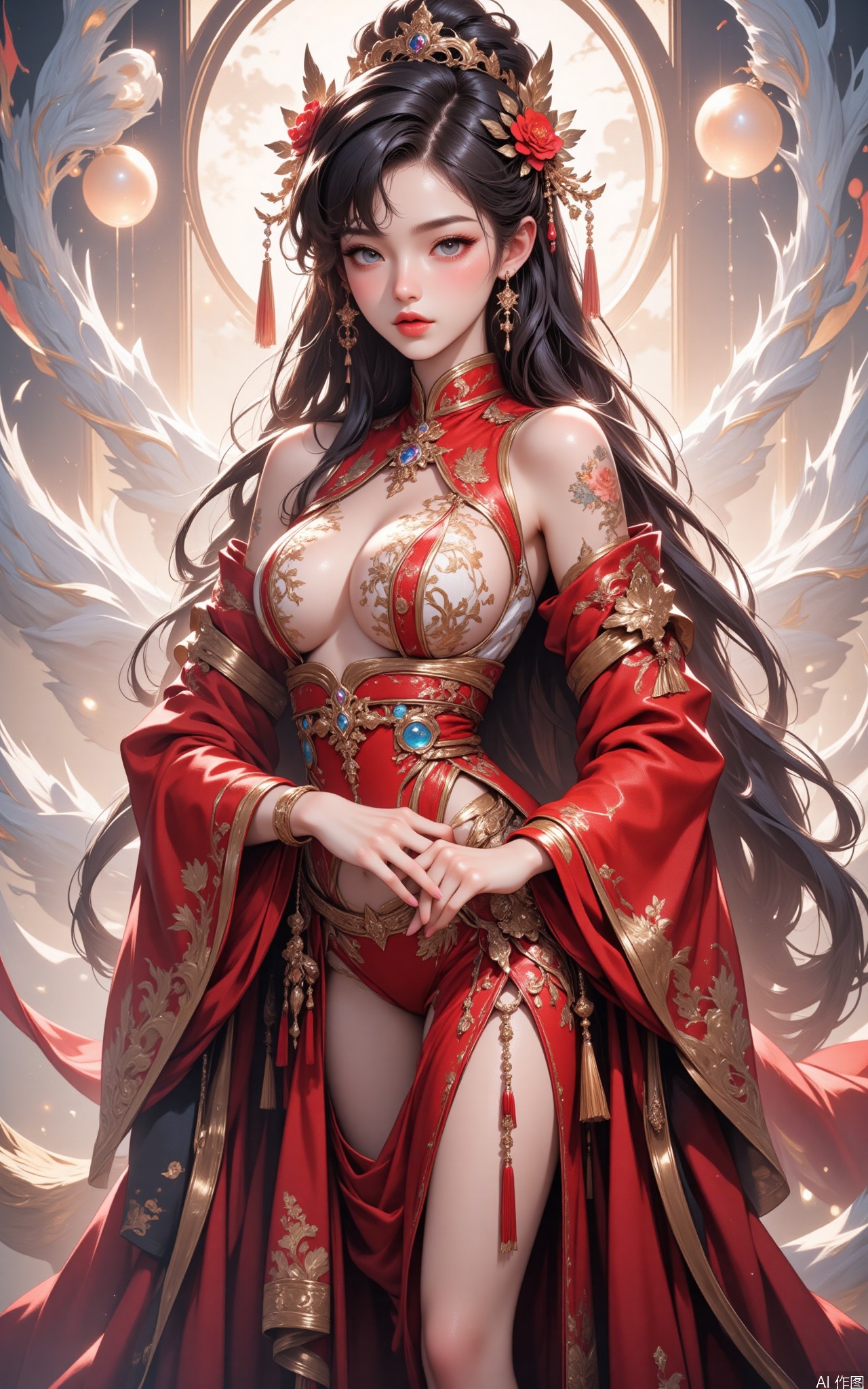 HUBG_Rococo_Style(loanword) of a beautiful girl,
The image depicts a beautifully rendered digital artwork of a woman dressed in traditional East Asian attire. She is adorned in intricate red and gold garments with floral patterns, and her hair is styled elaborately with ornate hairpieces and dangling earrings. Her hands are clasped together in front of her chest, and she has a serene expression. The background is ethereal, with soft, flowing white and light-colored fabric that creates a sense of movement and grace. The overall composition is elegant and artistic, with a focus on the detailed textures and colors of the clothing and accessories.