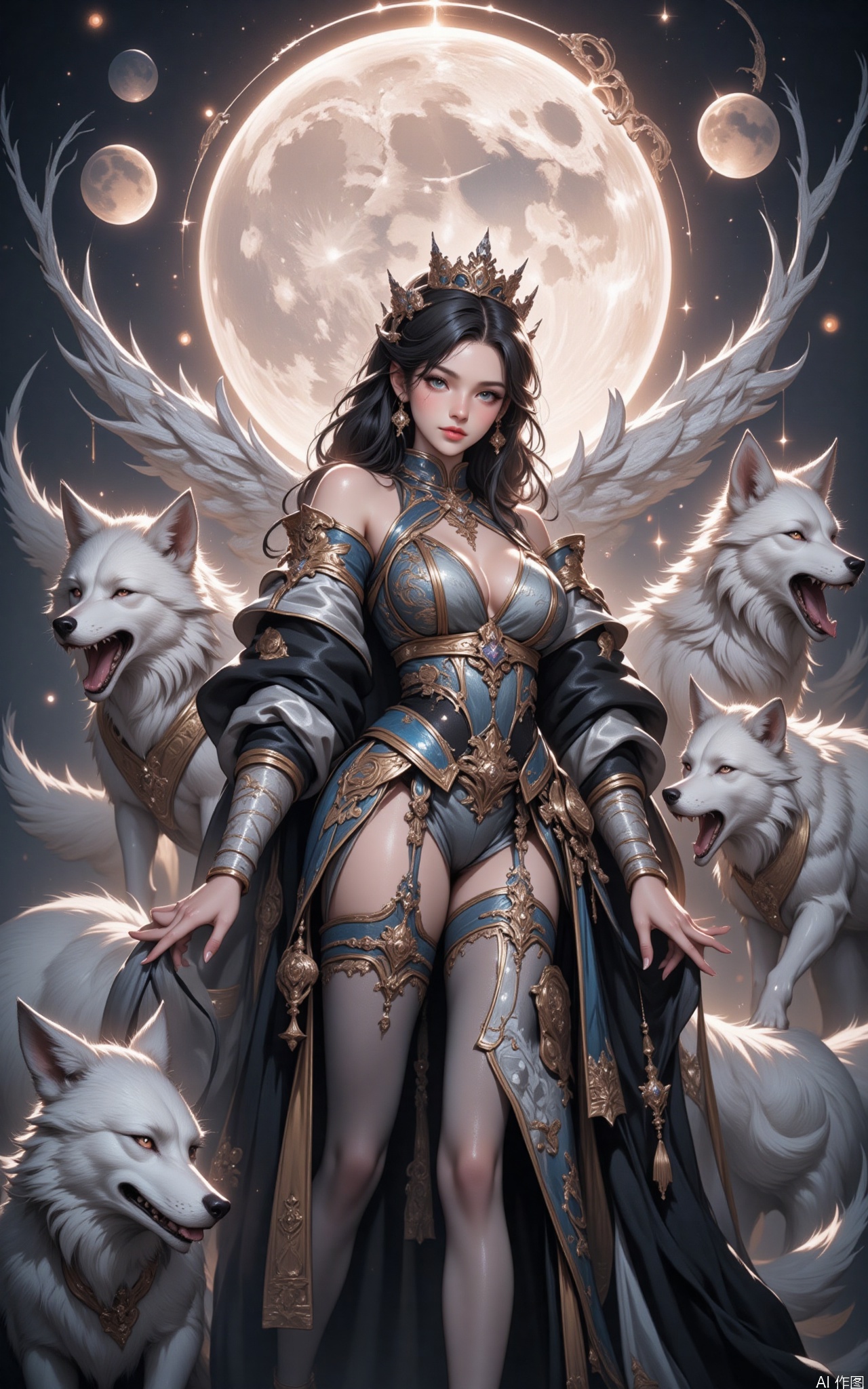 HUBG_Rococo_Style(loanword) of a beautiful girl,
The image depicts a regal figure standing confidently in the center, surrounded by four majestic white wolves. The figure is adorned in an elaborate traditional outfit, featuring intricate patterns and a crown that signifies nobility. The background showcases a large, full moon illuminating the scene with a soft, ethereal glow, enhancing the mystical atmosphere. The wolves, with their sharp eyes and alert expressions, add a sense of power and protection to the composition. The overall aesthetic is reminiscent of fantasy art, blending elements of nature and royalty in a harmonious and captivating manner.