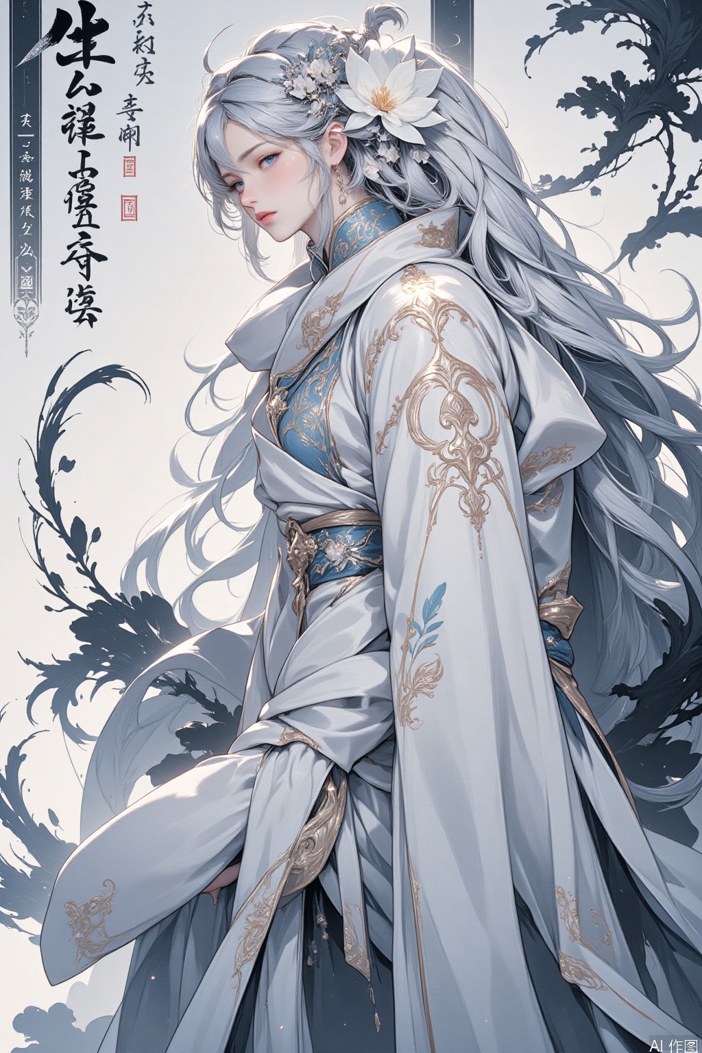HUBG_Rococo_Style(loanword) of a beautiful girl,
The image depicts a serene and ethereal scene with a figure dressed in traditional East Asian attire, characterized by flowing white robes and intricate patterns. The figure has long, silvery-white hair adorned with delicate floral accessories. Surrounding the figure are abstract black ink splashes and calligraphy, which add a sense of depth and cultural richness to the composition. The background is a gradient of light and dark shades, enhancing the overall tranquil and mystical atmosphere.
