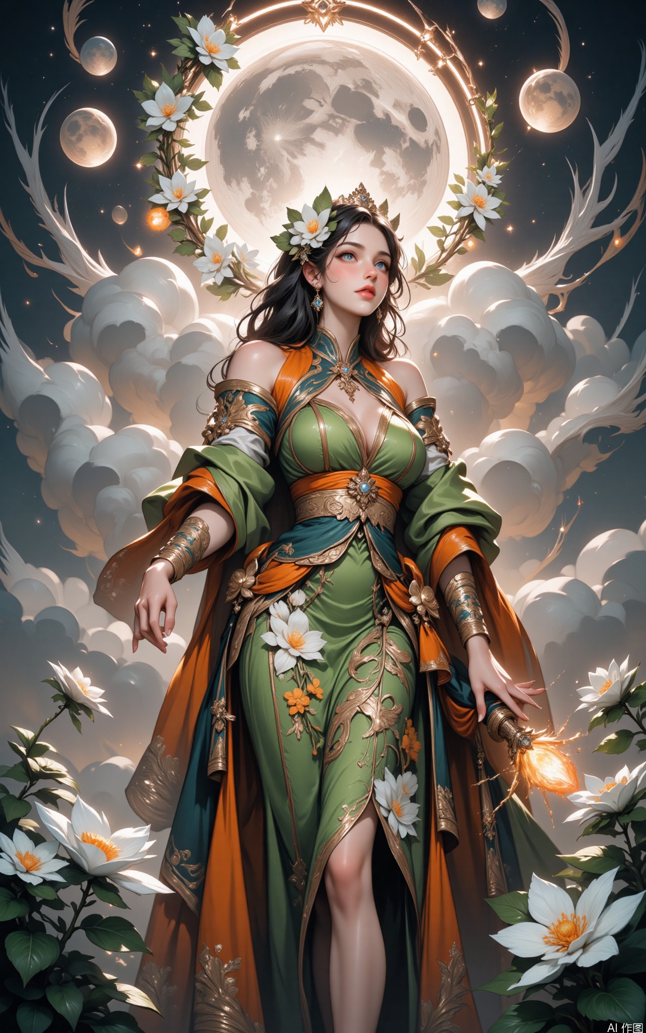 HUBG_Rococo_Style(loanword) of a beautiful girl,
The image depicts a serene and mystical scene with a woman dressed in traditional attire, standing amidst a garden of white flowers. She is adorned in a green and orange robe with intricate floral patterns, and her hair is styled elegantly. She is holding a glowing orb in one hand and appears to be gazing upwards, possibly in awe or reverence. Above her, there is a large, luminous full moon, casting a soft glow over the scene. The background features swirling clouds and a starry sky, adding to the ethereal atmosphere. The woman is surrounded by a halo of flowers, which seem to be part of a decorative archway. The overall composition is harmonious and evokes a sense of tranquility and wonder.