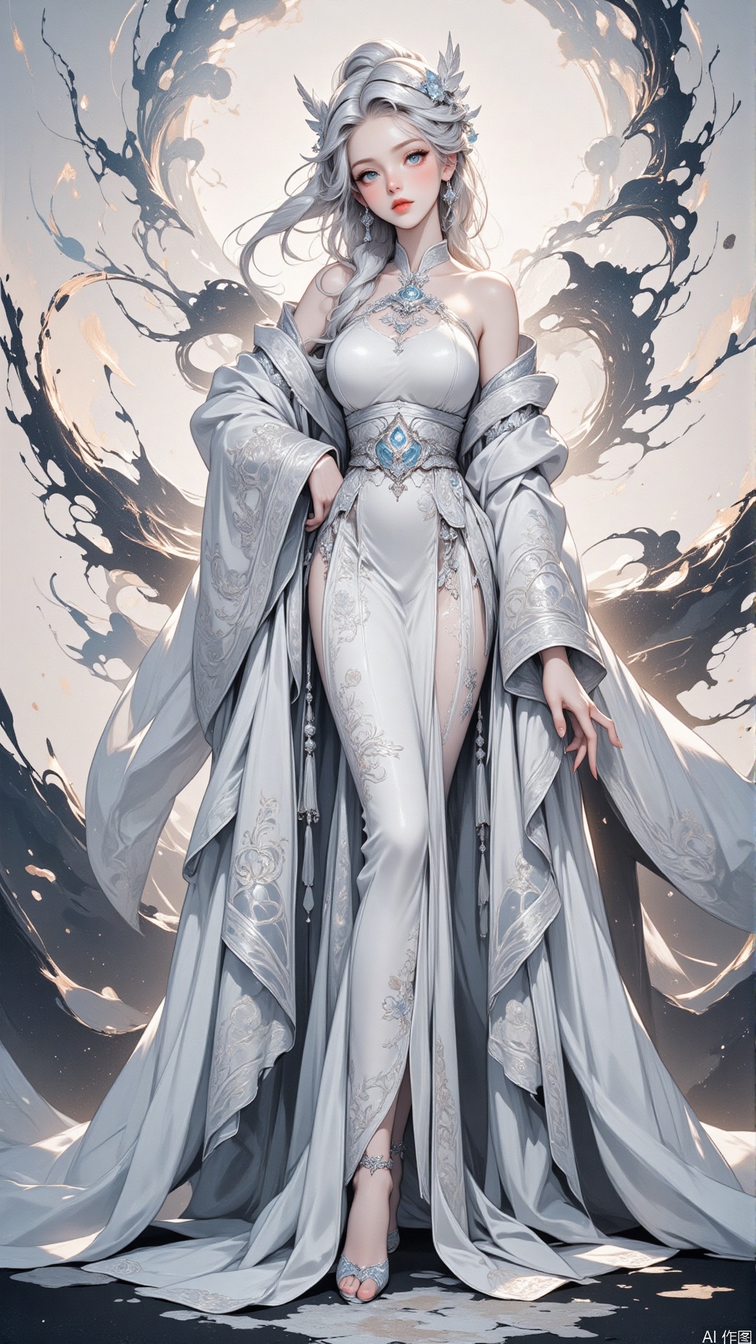 HUBG_Rococo_Style(loanword) of a beautiful girl,
The image depicts a serene and ethereal scene with a figure dressed in traditional East Asian attire, characterized by flowing white robes and intricate patterns. The figure has long, silvery-white hair adorned with delicate floral accessories. Surrounding the figure are abstract black ink splashes and calligraphy, which add a sense of depth and cultural richness to the composition. The background is a gradient of light and dark shades, enhancing the overall tranquil and mystical atmosphere.