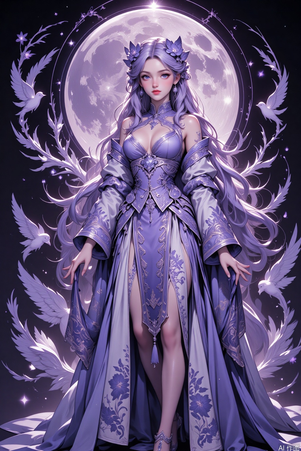 HUBG_Rococo_Style(loanword) of a beautiful girl,The image depicts a beautifully illustrated character dressed in an elaborate, traditional-style outfit. The character is adorned with intricate patterns and floral designs, predominantly in shades of purple and white. The outfit features long flowing sleeves and a long, elegant robe that drapes gracefully. The character's hair is styled in an elegant updo, embellished with flowers and delicate ornaments.

In the background, there is a large, circular, swirling pattern resembling a moon, with delicate branches and blossoms surrounding it. The overall color scheme of the background is dark, with accents of purple and white, creating a mystical and ethereal atmosphere. Additionally, there are stylized birds with wings spread out, adding to the fantasy-like setting.