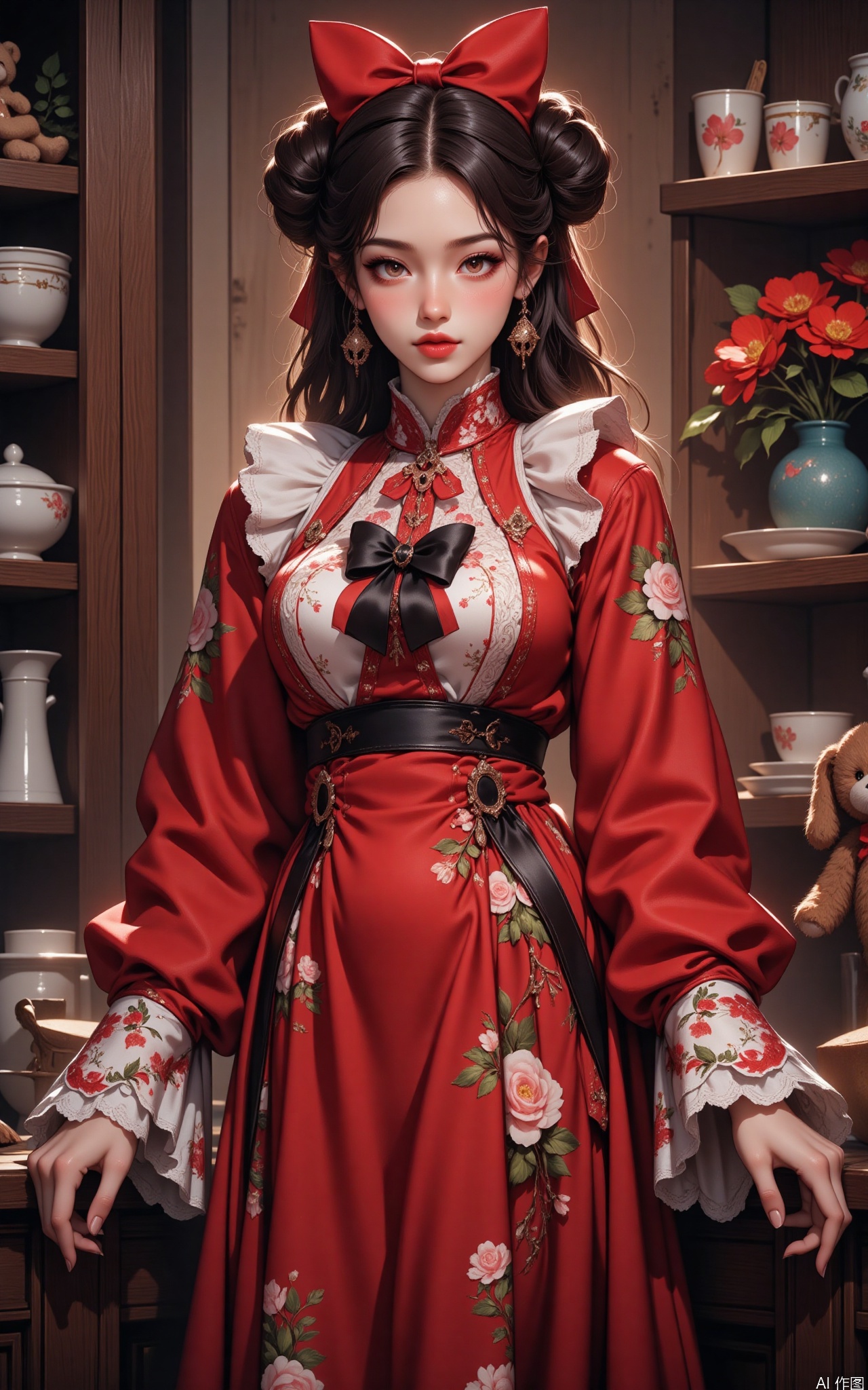 HUBG_Rococo_Style(loanword) of a beautiful girl,
The image shows a person standing in front of a wooden background that appears to be a kitchen or a similar setting. The person is wearing a red dress with floral patterns and white lace details. The dress has a large black bow at the chest and long white sleeves. The person is also wearing a red bow in their hair, styled into two buns. To the right of the person, there is a shelf with various kitchen items, including white bowls, cups, and a small teddy bear. There are also red flowers in a blue vase on the shelf. The overall setting has a warm and cozy feel, with the wooden background adding a rustic touch.