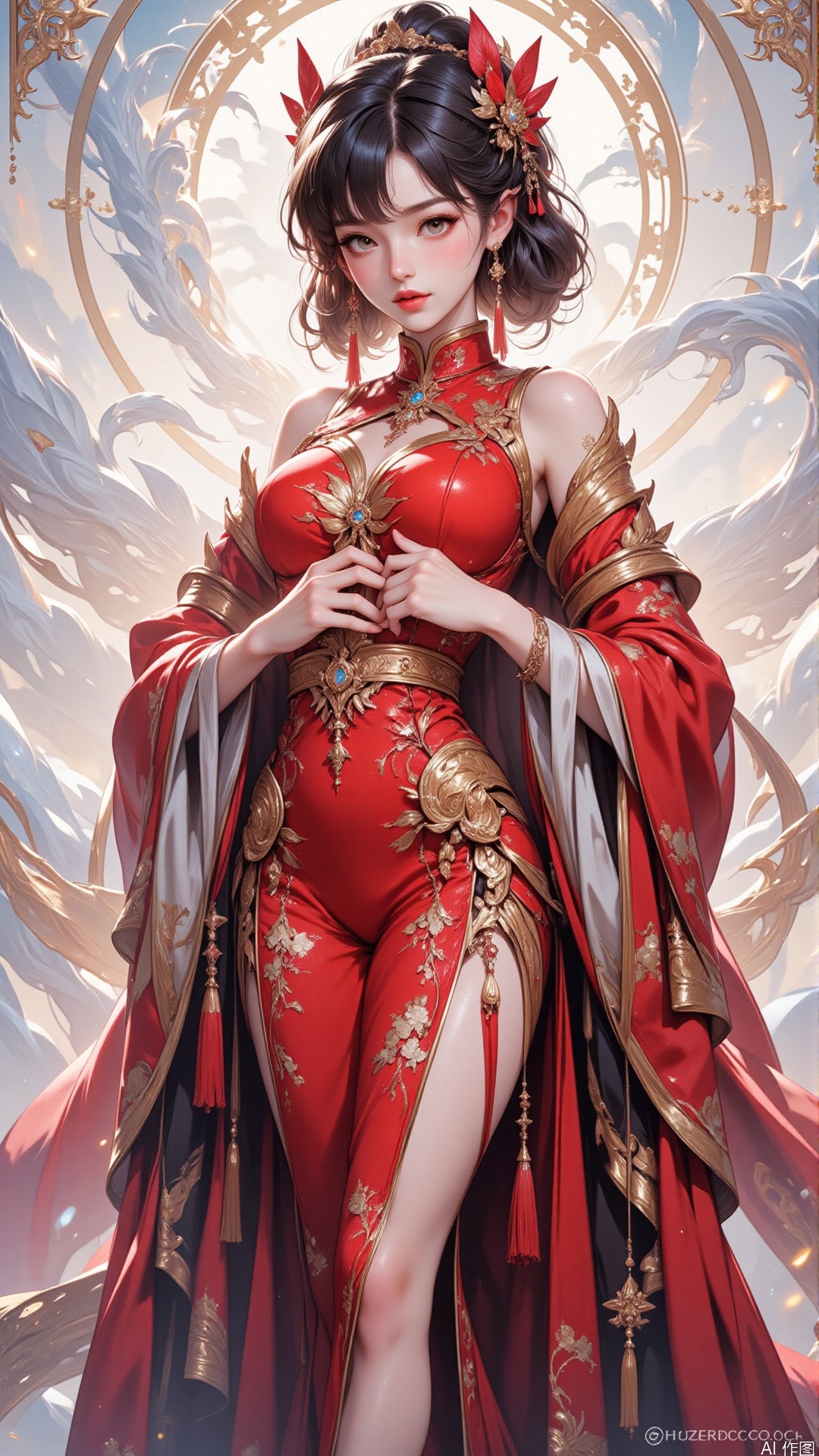 HUBG_Rococo_Style(loanword) of a beautiful girl,
The image depicts a beautifully rendered digital artwork of a woman dressed in traditional East Asian attire. She is adorned in intricate red and gold garments with floral patterns, and her hair is styled elaborately with ornate hairpieces and dangling earrings. Her hands are clasped together in front of her chest, and she has a serene expression. The background is ethereal, with soft, flowing white and light-colored fabric that creates a sense of movement and grace. The overall composition is elegant and artistic, with a focus on the detailed textures and colors of the clothing and accessories.