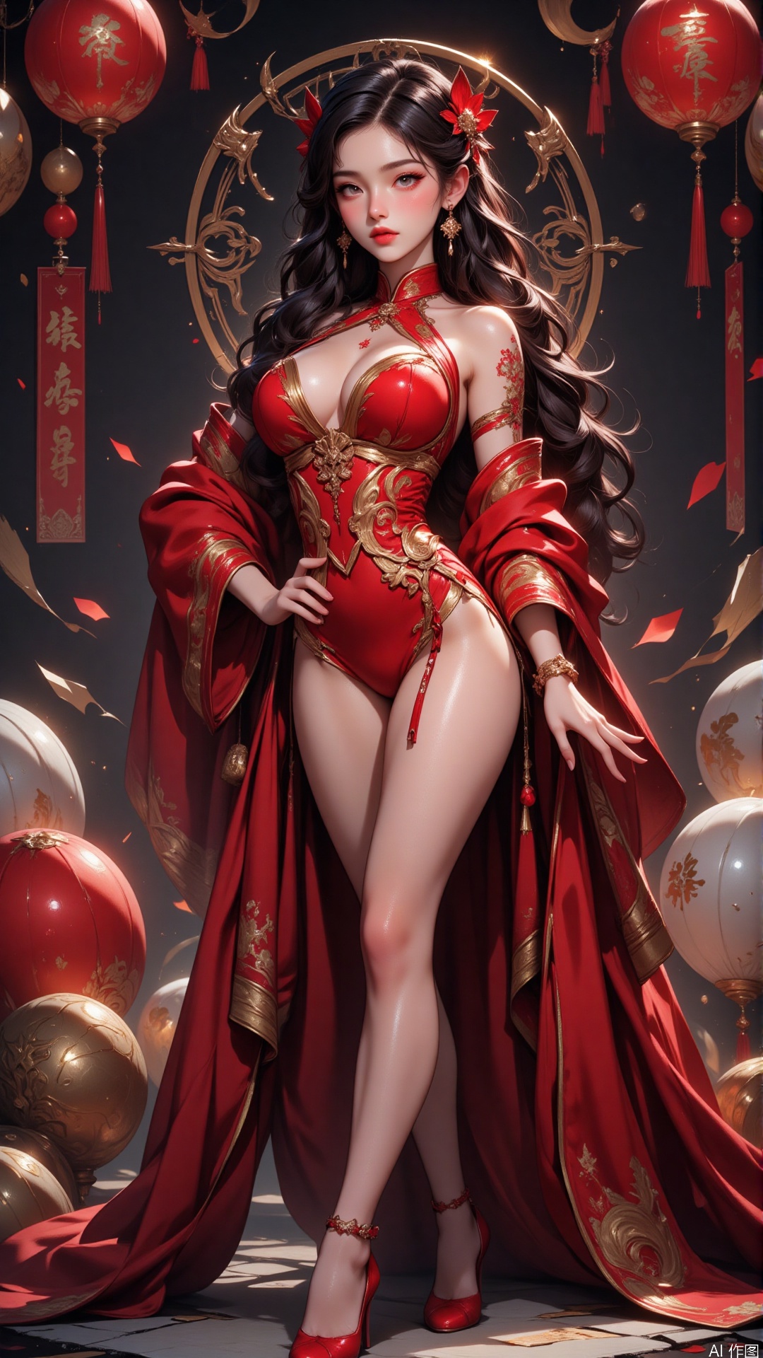 HUBG_Rococo_Style(loanword) of a beautiful girl,  The image depicts a woman dressed in an elaborate red and gold tradition...