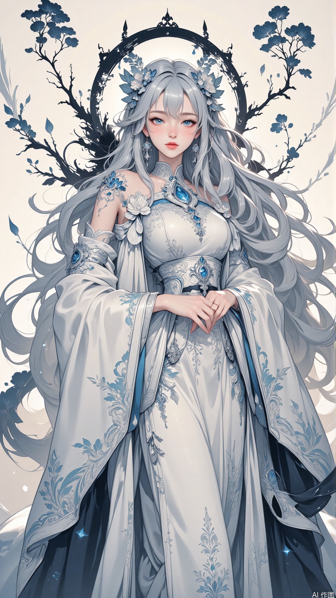 HUBG_Rococo_Style(loanword) of a beautiful girl,
The image depicts a serene and ethereal scene with a figure dressed in traditional East Asian attire, characterized by flowing white robes and intricate patterns. The figure has long, silvery-white hair adorned with delicate floral accessories. Surrounding the figure are abstract black ink splashes and calligraphy, which add a sense of depth and cultural richness to the composition. The background is a gradient of light and dark shades, enhancing the overall tranquil and mystical atmosphere.