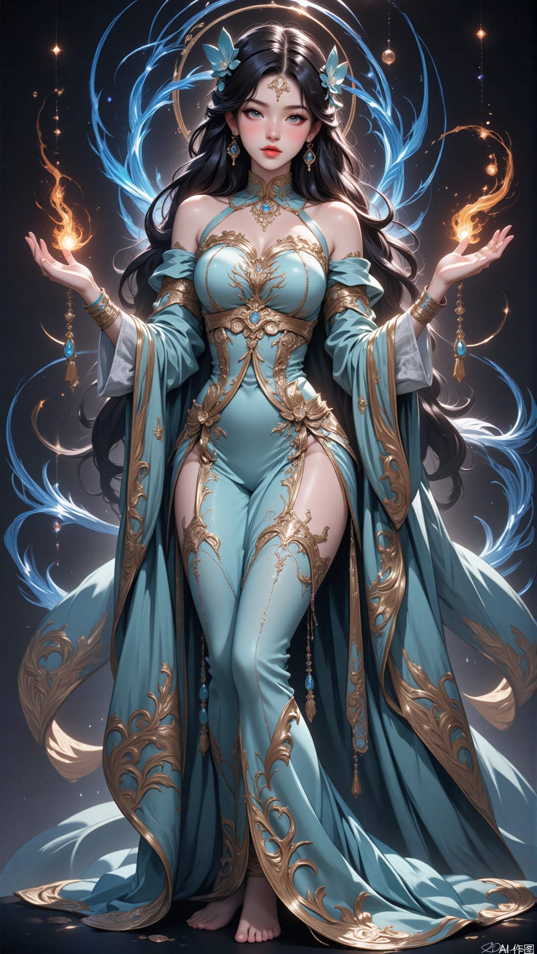 HUBG_Rococo_Style(loanword) of a beautiful girl,
The image depicts a beautifully designed character in an intricate, flowing gown. The character is adorned with a headpiece that features delicate, swirling patterns and floral elements. The gown is primarily light blue with golden accents and floral motifs, including large, stylized flowers. The character's hair is long and dark, cascading down in waves.

The background is dark, with swirling, ethereal designs that complement the character's attire. These designs include swirling patterns and what appear to be glowing orbs, adding a magical or mystical atmosphere to the scene. The character is holding two glowing, flame-like objects in each hand, enhancing the mystical and enchanting feel of the image.