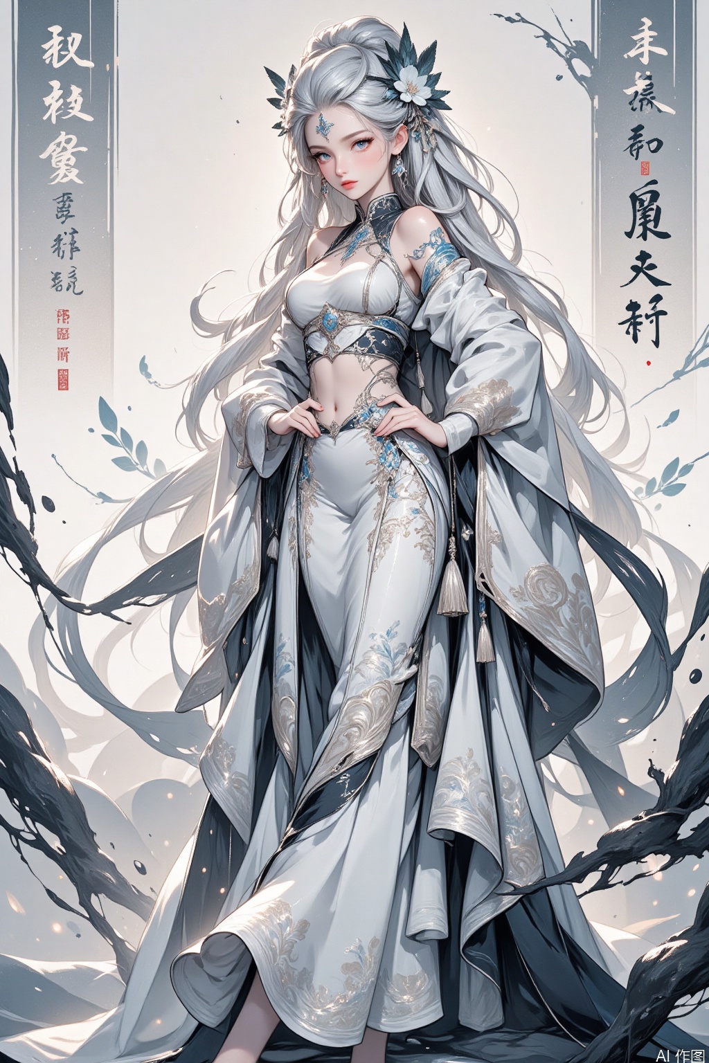 HUBG_Rococo_Style(loanword) of a beautiful girl,
The image depicts a serene and ethereal scene with a figure dressed in traditional East Asian attire, characterized by flowing white robes and intricate patterns. The figure has long, silvery-white hair adorned with delicate floral accessories. Surrounding the figure are abstract black ink splashes and calligraphy, which add a sense of depth and cultural richness to the composition. The background is a gradient of light and dark shades, enhancing the overall tranquil and mystical atmosphere.