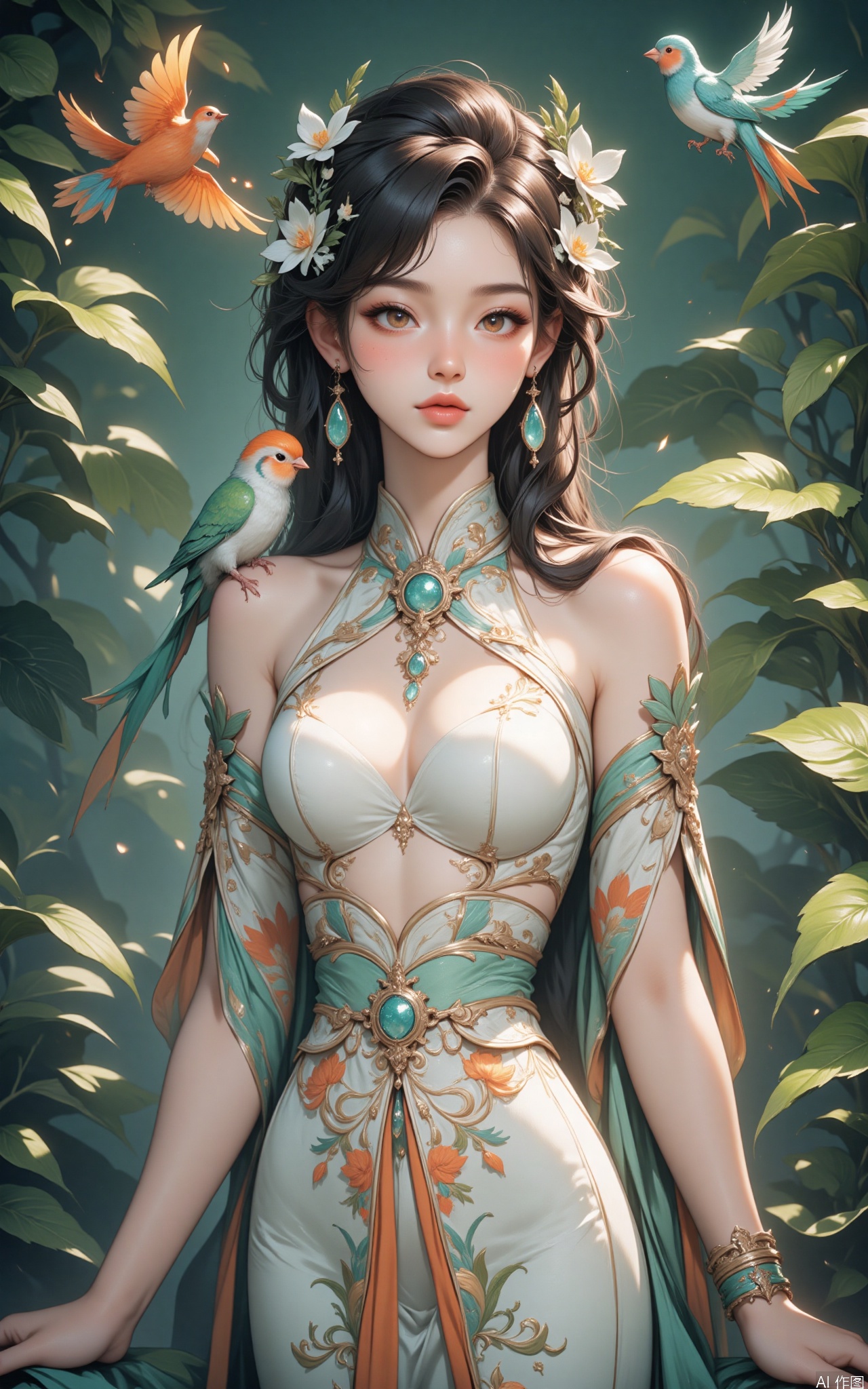 HUBG_Rococo_Style(loanword) of a beautiful girl,
he image depicts a woman dressed in a traditional garment adorned with delicate floral patterns. She is wearing a hairstyle embellished with white flowers and leaves, and her earrings are teardrop-shaped with a hint of blue. A small, colorful bird is perched on her shoulder, and another bird is flying nearby. The background consists of large, soft leaves, creating a serene and natural setting. The overall color palette is soft and harmonious, with shades of green, white, and subtle hints of orange and blue.