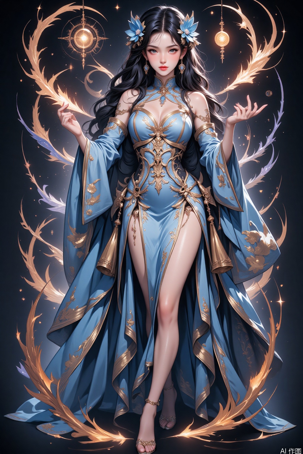 HUBG_Rococo_Style(loanword) of a beautiful girl,
The image depicts a beautifully designed character in an intricate, flowing gown. The character is adorned with a headpiece that features delicate, swirling patterns and floral elements. The gown is primarily light blue with golden accents and floral motifs, including large, stylized flowers. The character's hair is long and dark, cascading down in waves.

The background is dark, with swirling, ethereal designs that complement the character's attire. These designs include swirling patterns and what appear to be glowing orbs, adding a magical or mystical atmosphere to the scene. The character is holding two glowing, flame-like objects in each hand, enhancing the mystical and enchanting feel of the image.