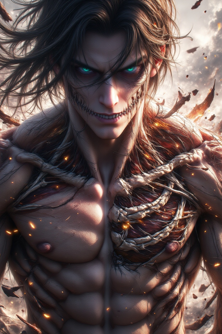 An ultra-detailed cinematic body shot of an intense male character mid-transformation,  half-human half-monster,  closed m...