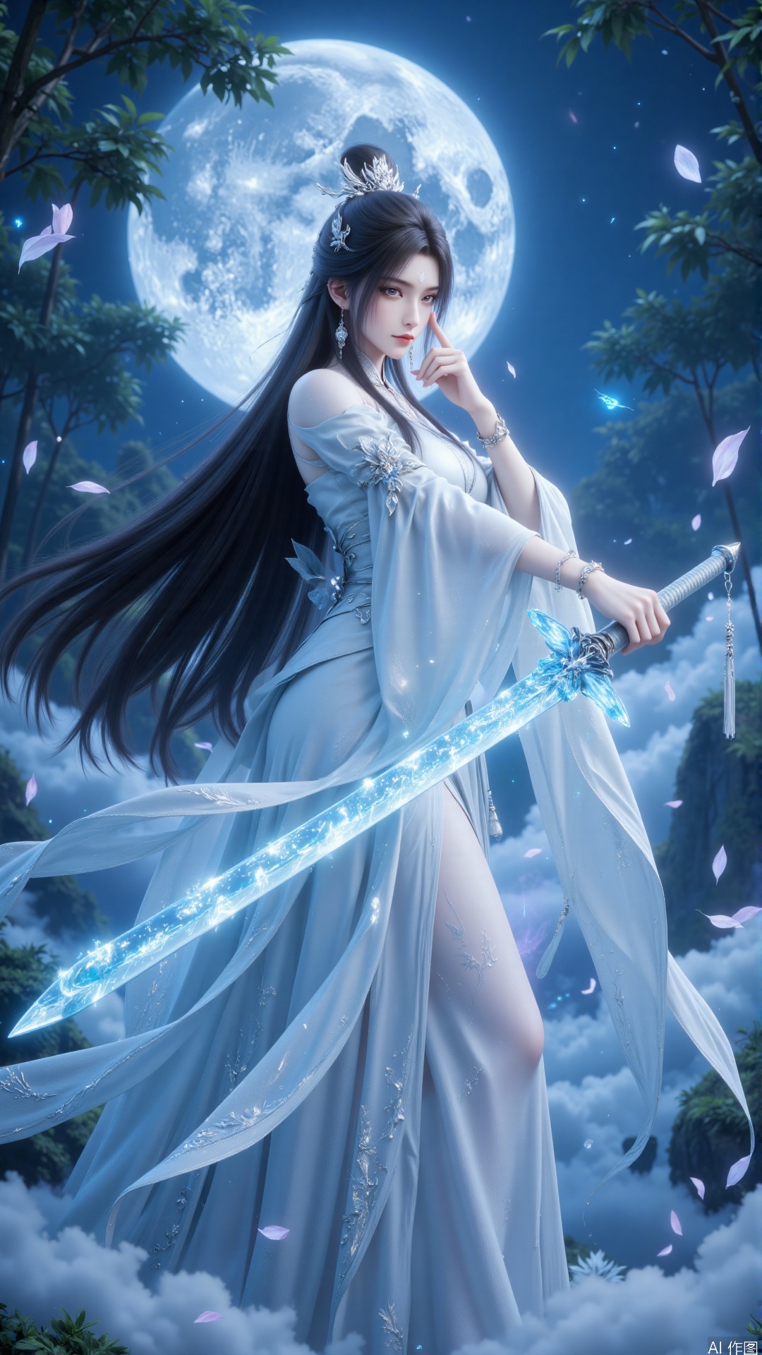1 girl, solo, graceful figure, fairy-tale style, girlish feeling, black long hair flutters like a waterfall in the wind, hair bun is inserted into a hollow silver phoenix hairpin, ice crystal tassels hanging by the ears, face is as cold as the moon, under willow leaves, phoenix eyes gazing in the distance, a little cinnabar seal between the eyebrows is shining, wearing a light blue gradient back-exposed gauze long skirt, the skirt hem reveals the cloud texture, revealing beautiful and fair long legs, silver chains on the waist are decorated with blue jade rings, translucent shark gauze on the shoulders, and a three-foot green sword in hand, frost pattern on the sword body is engraved, and ice crystal particles are lingered on the blade.
[Dynamic Details] Standing sideways in the void, holding a sword in the right hand on the back, stretching out the index finger and middle finger together with the left hand, condenses a vortex of blue spiritual energy from the fingertips, ripples lightly on the water surface, the skirt and silk are in a wavy shape and dynamic freezing effect
[Scene Construction] The background is a full moon night fairyland, the huge full moon emits a cold white halo (color temperature 9000K), the crater-shaped mountain texture on the moon is clearly visible, luminous star chips and peach petals suspended in the air (falling speed 0.5m/s), the sea of ​​clouds below surging from the blue earth veins, the magnolia branches are slanted in the close-up, and the petals are attached to the fluorescent light of the petals.
[Light and Shadow System] Moonlight 45° side backlight creates a three-dimensional sense, the sword body is self-luminous (RGB 180, 230, 255) illuminates the face, the shroud transmits light to show the SSS subsurface scattering effect, and the ambient light reflection intensity is controlled at 0.3
[Material Parameters] 3-layer transparency of tulle (85% outer layer, 70% middle layer, 50% inner layer), oxidation and aging treatment of silver jewelry (roughness 0.4), ice crystal special effect includes 2000+ hexagonal refractive surface
[Picture Parameters] 8K ultra-high definition, ink rendering mixed cyberpunk light effects, composition uses the three-point method to place the characters on the golden division line on the right, --style mix4 (Chinese Academy of Art + Modern CG)

 

Core parameter instructions

--ar 3:4 --v 5.2 --style raw --no modern elements
--chaos 20 --quality 2 --stylize 700

This prompt word system can accurately restore the cold and fairy atmosphere. It is recommended to use ControlNet's canny+openpose model to lock the dynamics. If you need to enhance drama, you can add "Address to the Silhouette of the Floating Immortal Palace" or "Sword Body Extends the Frost Track Special Effect".