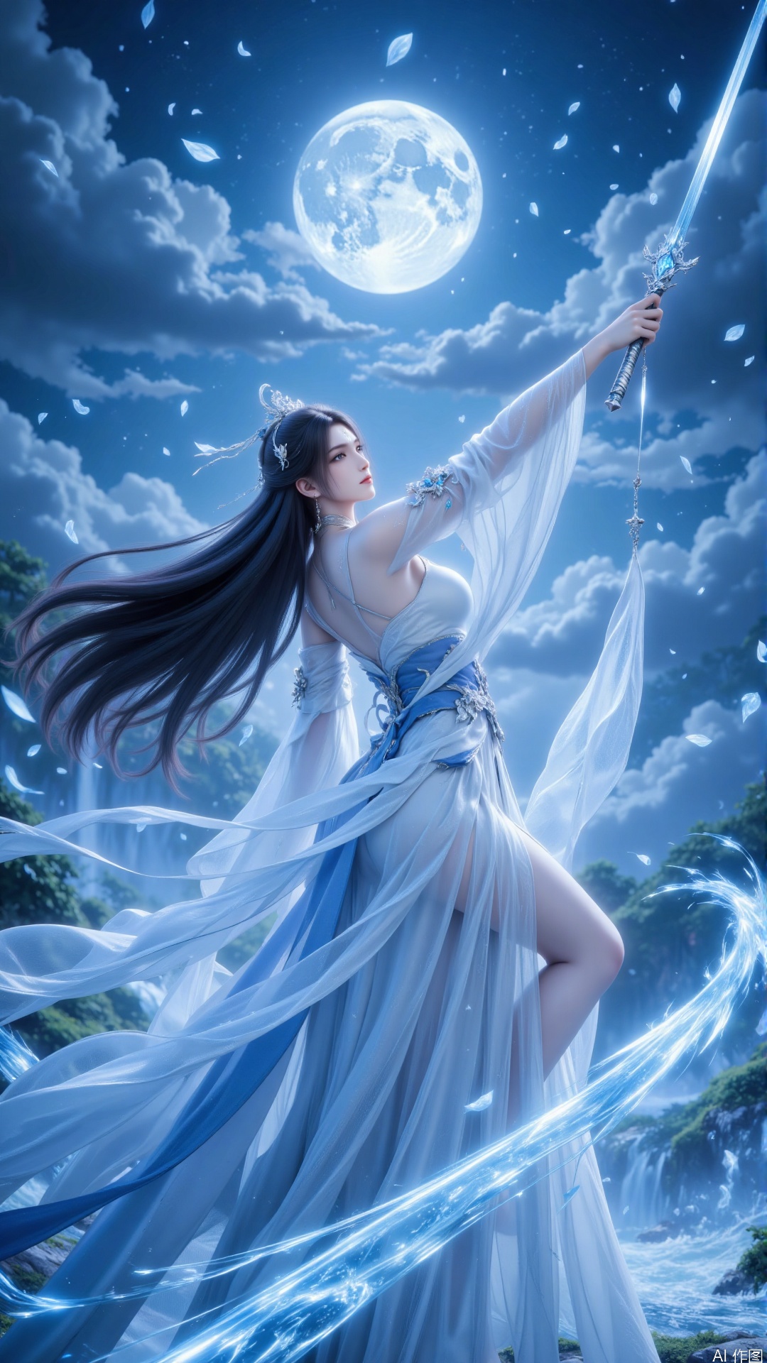 The picture shows an ancient fairy-tale woman wearing a flowing white and blue gauze dress. Her long black hair dances in the wind, holding a long sword in her hand, and looking back sideways, she shows a cool temperament. The light backless long skirt exudes a cloud-like gauze texture, and the headwear and accessories embellish the exquisite streaming light, revealing her beautiful and slender thighs. The bright moon hangs high in the light blue night sky in the background, layers of glowing clouds intertwined with flying petals, and the ground was filled with blue light like water waves. The soft moonlight created an ethereal and quiet fantasy atmosphere. The petals are falling in a trajectory that echoes the dynamics of the skirt. The overall composition uses the three-point method to place the woman in visual focus, conveying the beauty of the extraordinary fairyland. Low angle shot, dynamic pose, blurred background.