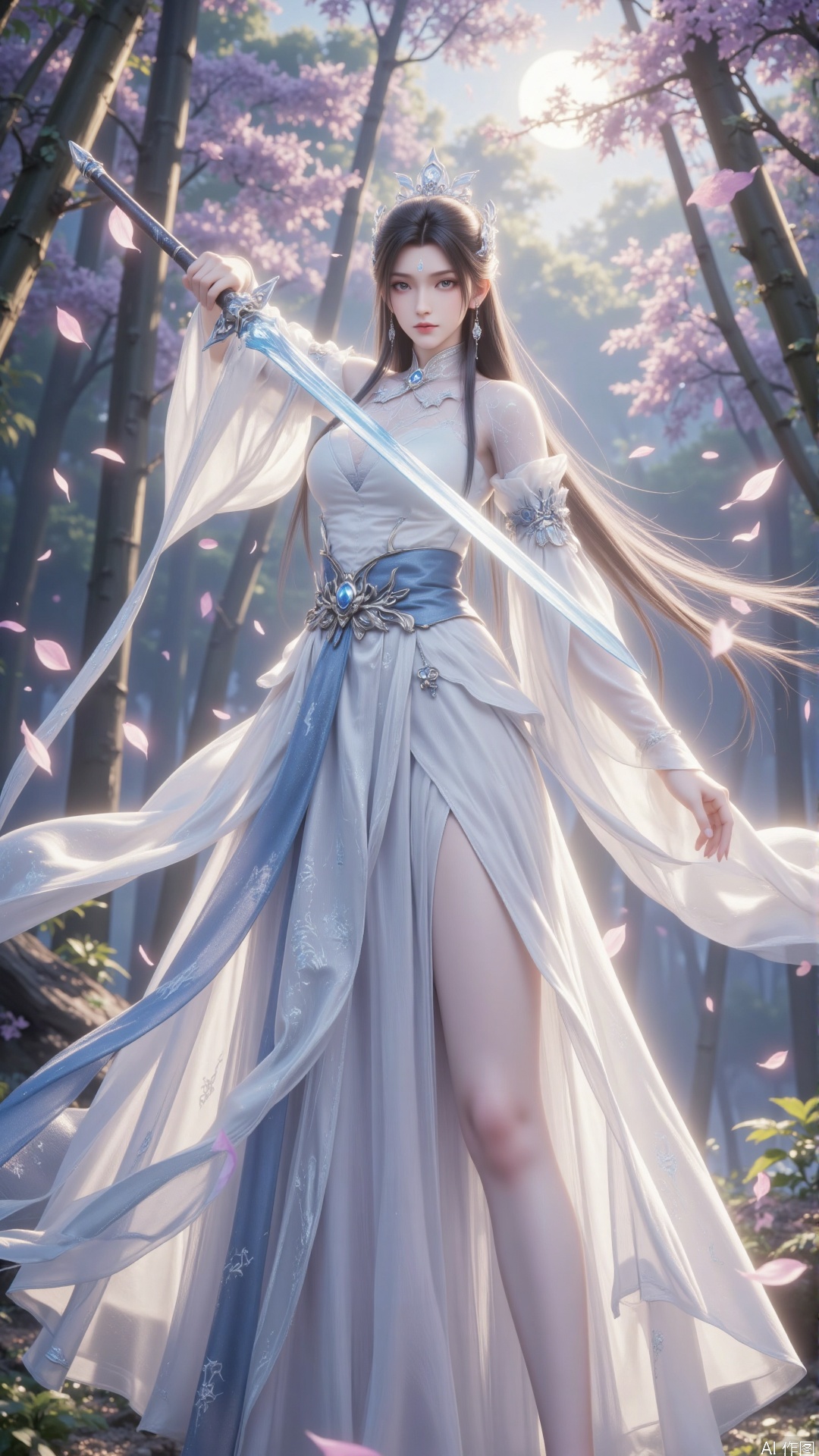 1 girl, solo, holding a sword, flowing long hair, exquisite flowing hair decoration, tulle long skirt, translucent cloud texture, sky blue and white skirt hem, high slit, beautiful white long legs, metal waist decoration, daytime outdoor picture quality, pink petals falling, sunlight, Dingdar effect, dreamy light and shadow, golden section composition, cold blue sword body glimmer, ethereal fairyland atmosphere, soft figure, firm eyes, surrounded by branches, ground light spots, ethereal clothes, immortal artistic conception, pink petals falling, metal and yarn collision, extraordinary temperament.