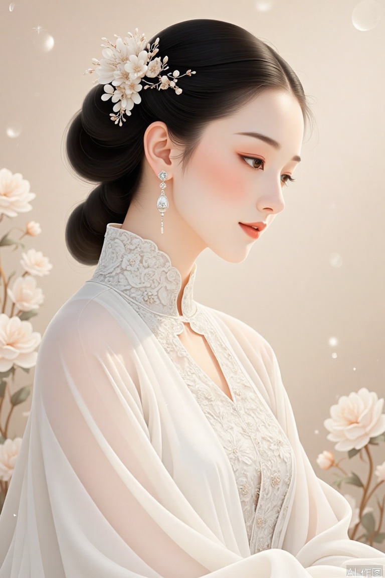 The image depicts a beautifully dressed woman with intricate details. She is adorned in a white, elegant outfit with delicate floral patterns and embellishments. Her hair is styled in an elaborate updo, adorned with pearl-like accessories and dangling earrings that feature a mix of gemstones and crystals. The background is filled with soft, blurred flowers, creating a serene and dreamy atmosphere. The overall composition exudes a sense of grace and timeless beauty.