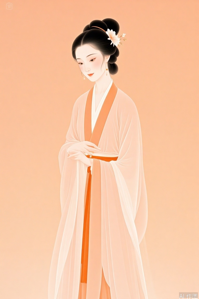 The image depicts a serene and elegant woman dressed in traditional attire. She is wearing a flowing robe with a soft peach color and an orange sash, complemented by delicate floral accessories in her hair. Her hair is styled in a neat bun, adorned with a large flower and small decorative elements. The background is a solid, warm peach color, providing a harmonious and tranquil setting. The woman's expression is calm and contemplative, enhancing the overall peaceful atmosphere of the scene.