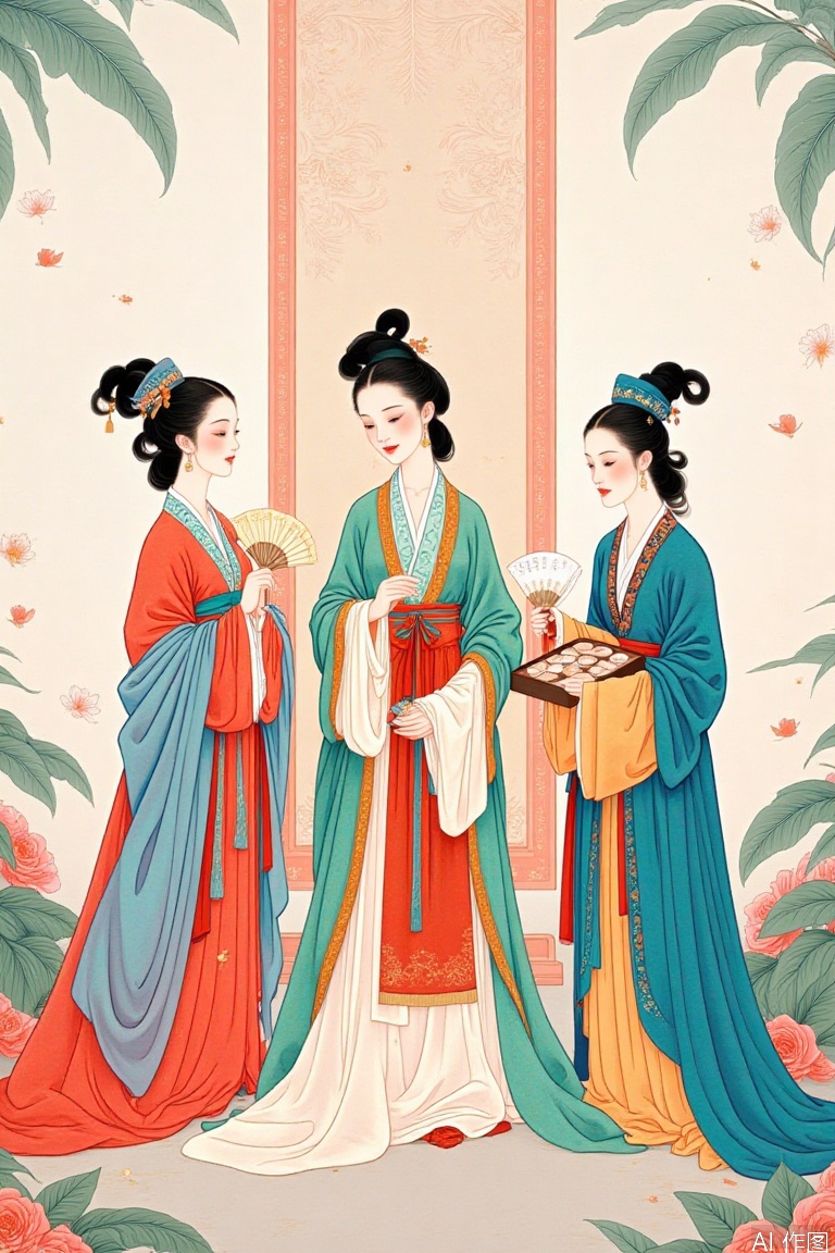 The image depicts three stylized characters dressed in traditional East Asian attire, reminiscent of Hanfu. They are surrounded by vibrant floral patterns and decorative elements, including a large scroll with intricate designs in the background. Each character is holding a fan, and one is holding a rectangular box with circular objects, possibly representing makeup or decorative items. The overall scene is colorful and artistic, with a focus on the characters and their traditional clothing.