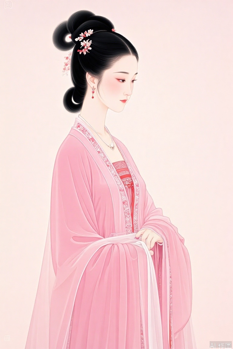 The image depicts a woman dressed in traditional East Asian attire, specifically a pink hanfu with intricate patterns and designs. She is adorned with delicate jewelry, including a necklace with a red pendant and earrings. Her hair is styled in an elegant updo, embellished with small white flowers and red beads. The background is a soft, light pink, providing a serene and classical atmosphere. The overall composition is harmonious, with the woman's traditional clothing and accessories complementing the minimalist and elegant setting.