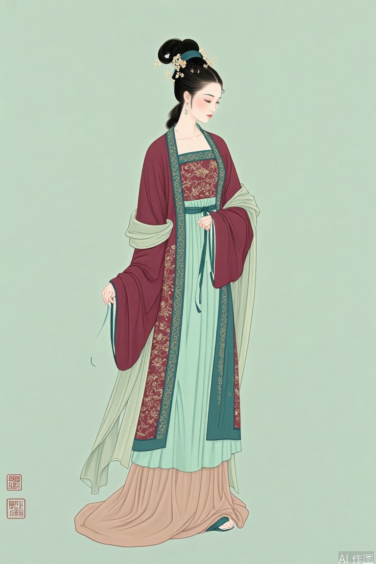 The image depicts a traditional Chinese-style illustration of a woman dressed in a flowing, elegant hanfu. The woman's hair is intricately styled, adorned with delicate floral accessories, and she is wearing a deep maroon robe with intricate gold embroidery. The robe is layered with a mint green sash and a matching green outer garment. The background is a soft, muted green, providing a serene and harmonious backdrop to the figure. In the bottom left corner, there is a small red stamp, which is typical in traditional Chinese art, often used for artist signatures or seals.