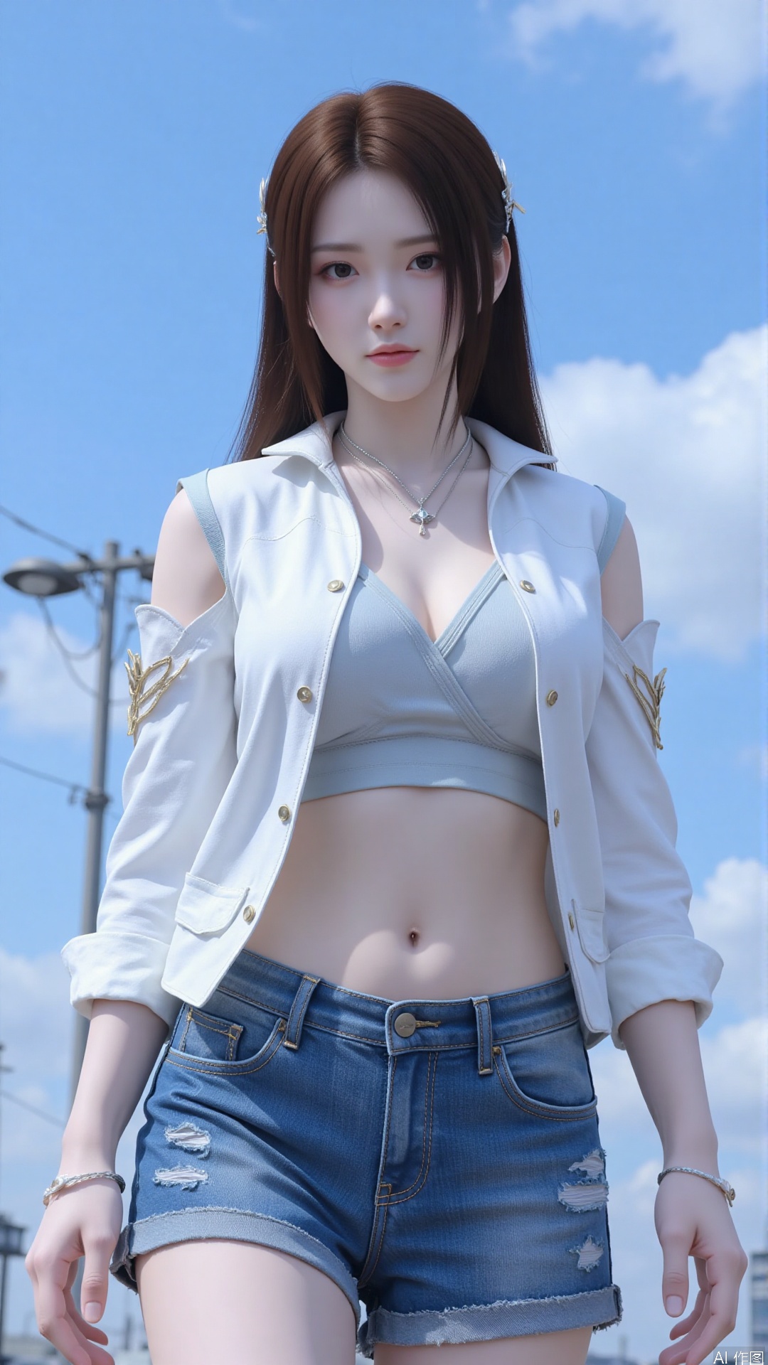 1girl, solo, long hair, breasts, looking at viewer, large breasts, brown hair, shirt, navel, brown eyes, underwear, panties, outdoors, sky, day, midriff, pants, cloud, blue sky, from below, denim, jeans, blue panties, open fly