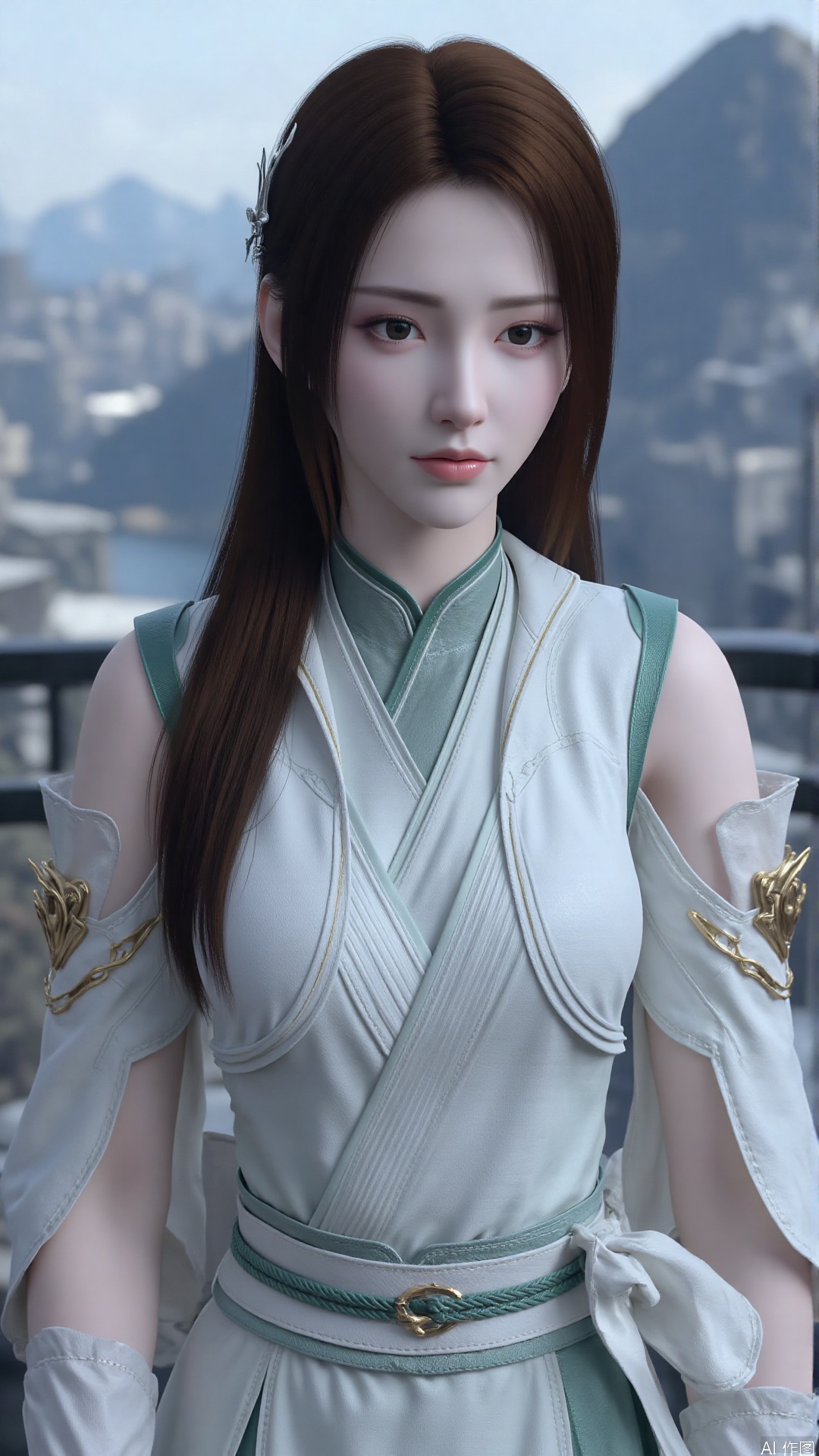 1girl, long hair, solo, dress, hair ornament, black hair, chinese clothes, green dress, mischevious smile, perfect body, scenery, sharp focus, best quality, masterpiece, detailed outfit, illustration, perfect eyes, finely detailed beautiful anime eyes, realistic skin, intricate details, best lighting, depth of field, ultra high resolution,cowboy_shot