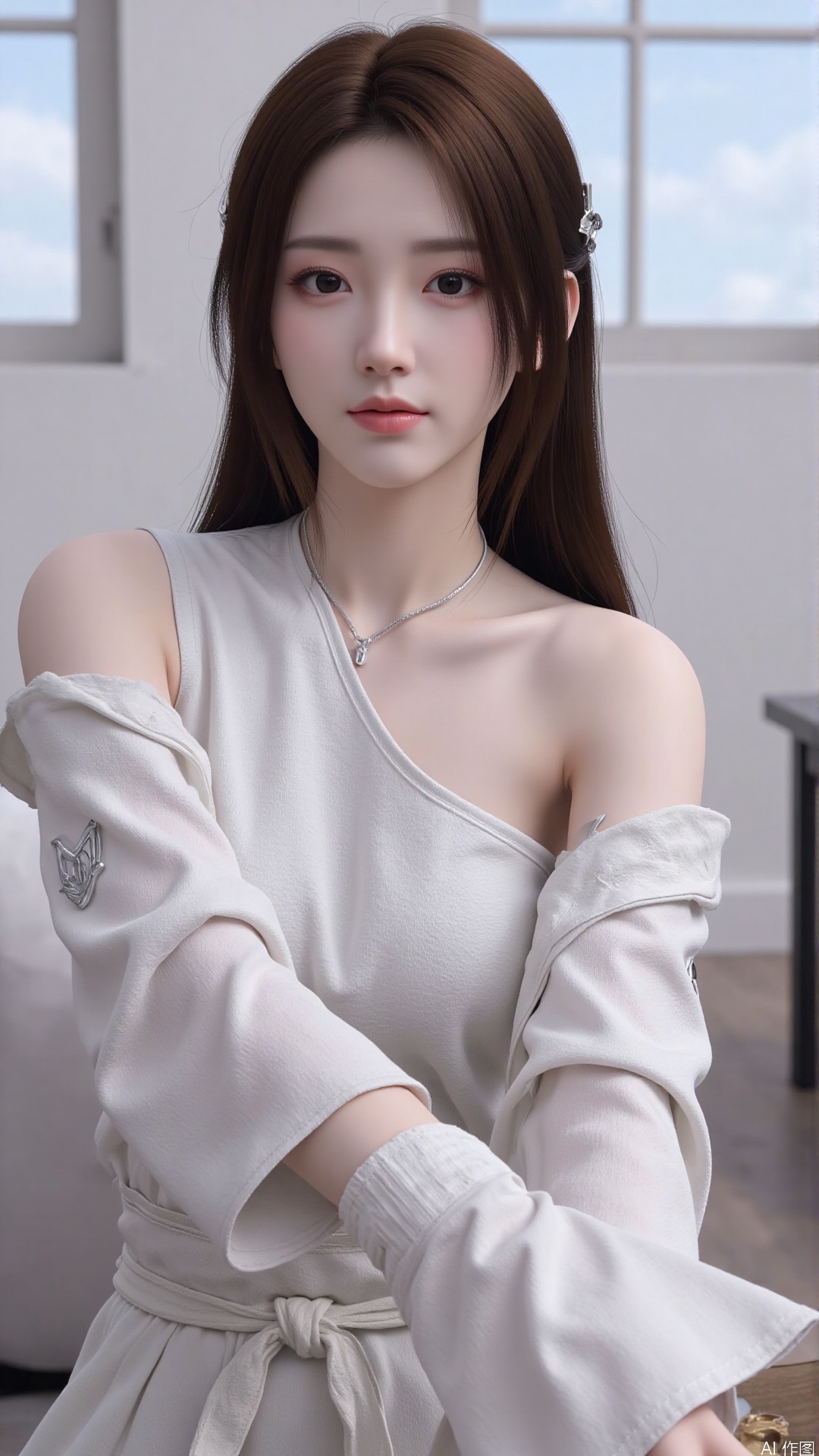 1girl, solo, long hair, looking at viewer, smile, sitting, collarbone, off shoulder, sweater, messy hair, realistic