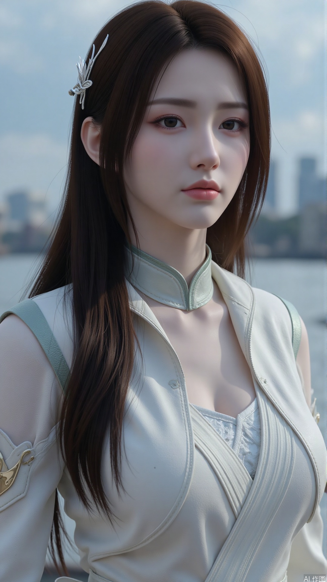  a asian woman, sexy long hair, charming and seductive temperament, distant close-up, golden ratio, movie texture, minimalism, high-end feeling, strong contrast between cold and warm, outdoor scenes, 