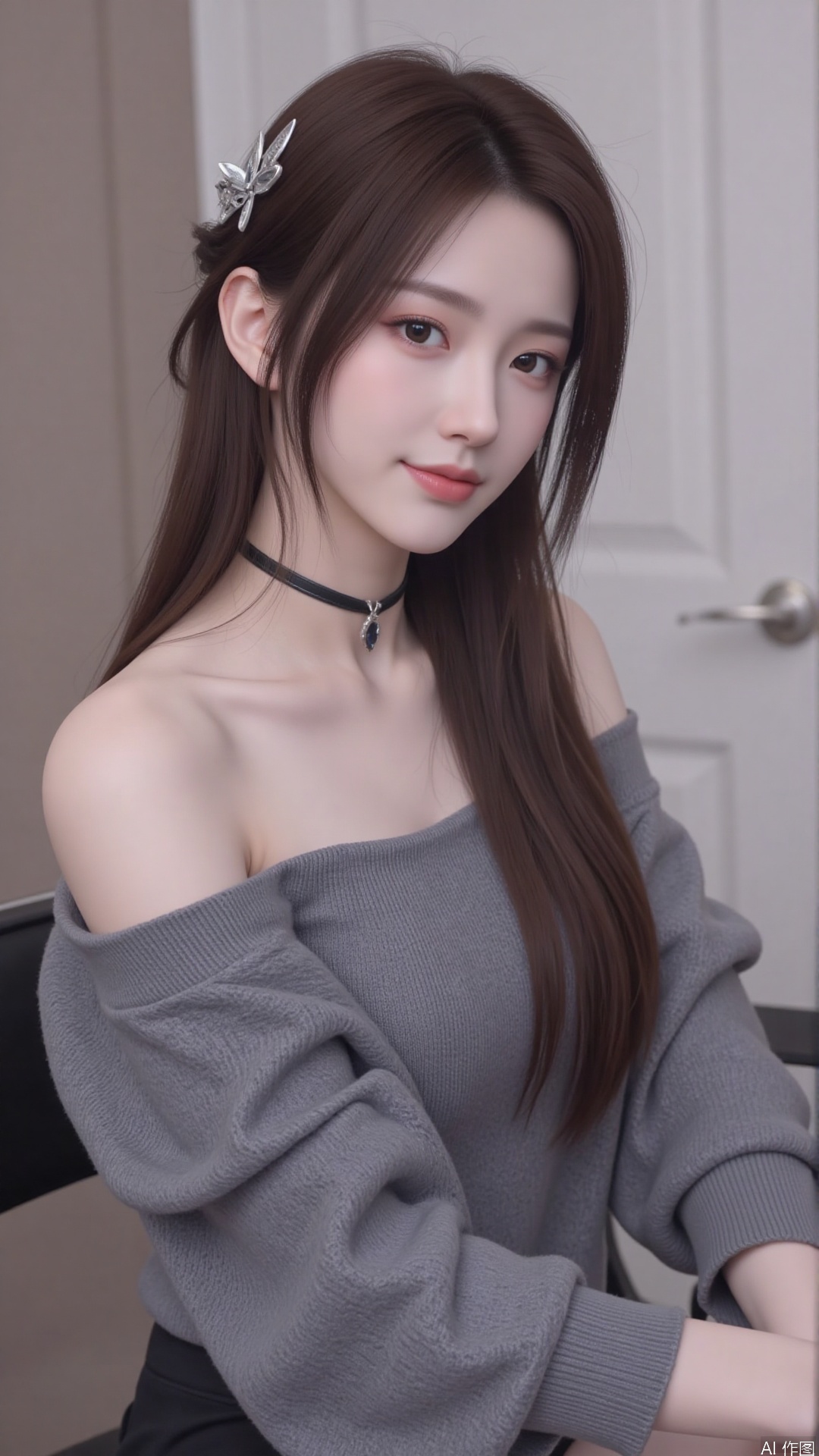 1girl, solo, long hair, looking at viewer, smile, sitting, collarbone, off shoulder, sweater, messy hair, realistic