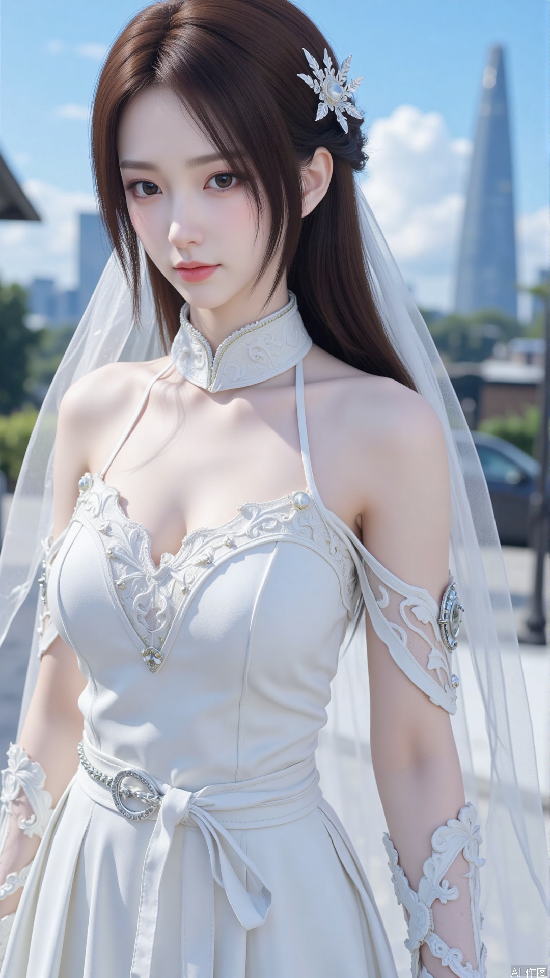 1girl, white wedding dress,looking at viewer, mischevious smile, perfect body, scenery, sharp focus, best quality, masterpiece, detailed outfit, illustration, perfect eyes, finely detailed beautiful anime eyes, realistic skin, intricate details, best lighting, depth of field, ultra high resolution, cowboy_shot, bride